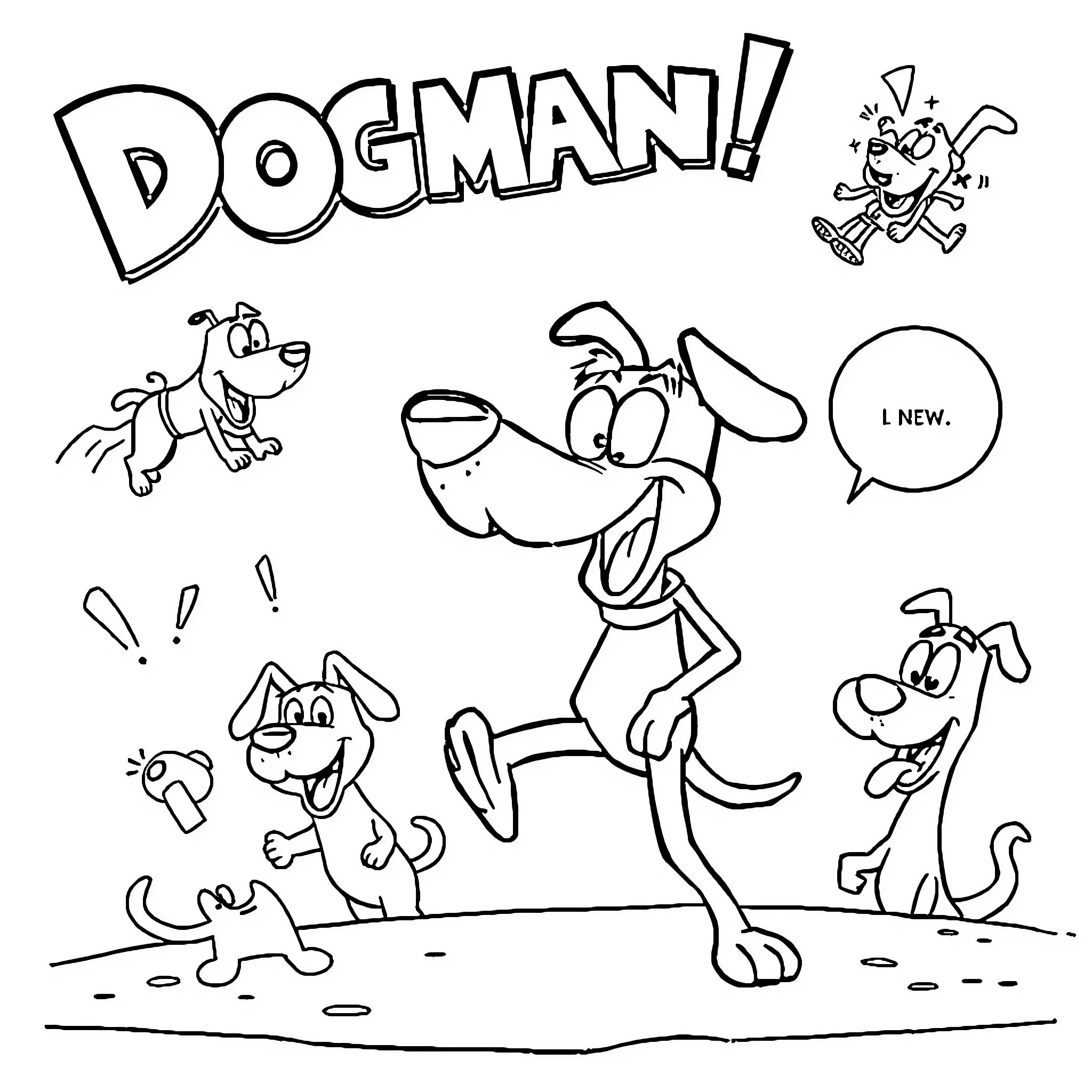 Dog Man and his canine companions in comical antics Coloring Page (free black-and-white line drawing printable PDF for all, from beginners to advanced learners, including children, teens, adults, and seniors)