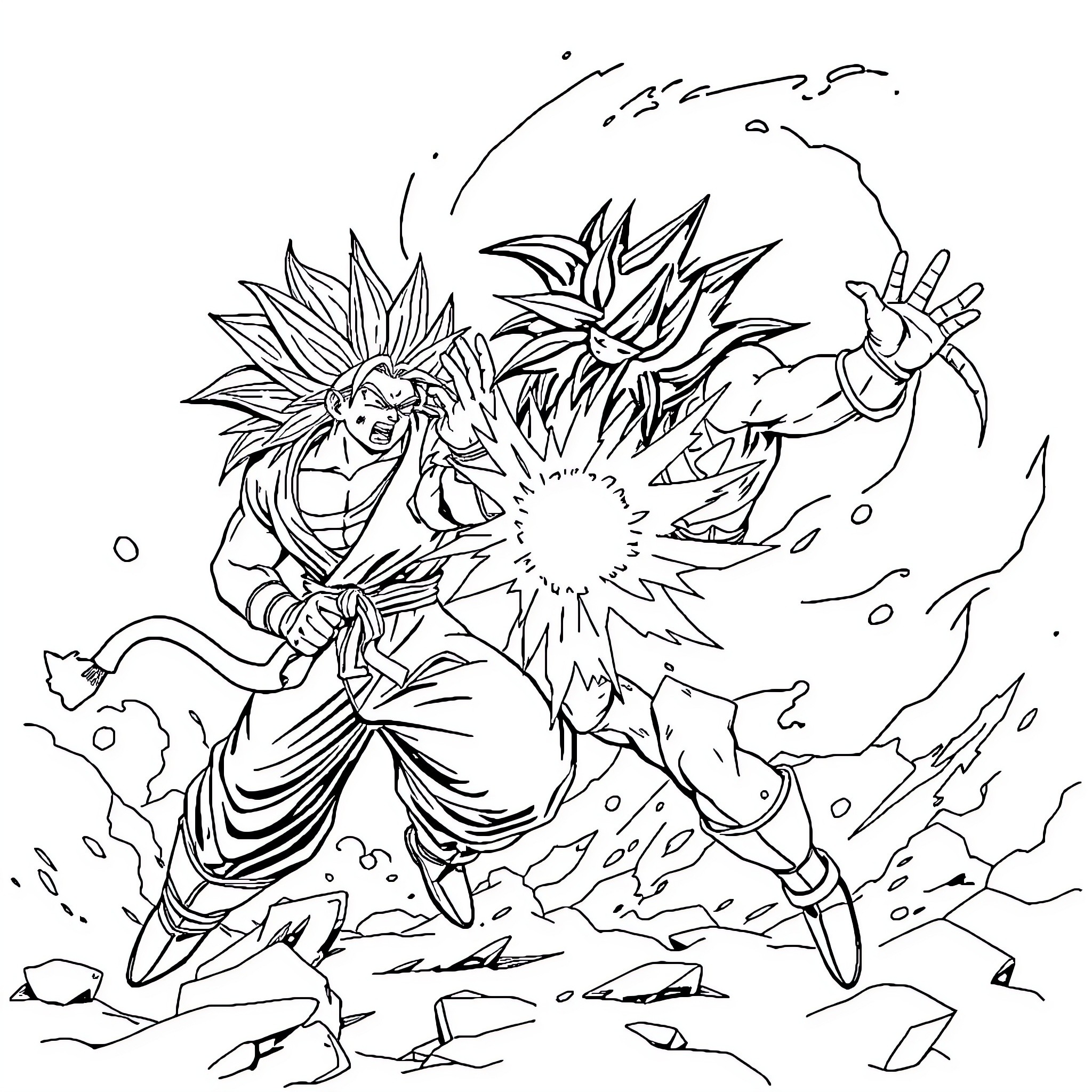 Gogeta's Explosive Transformation Coloring Page (free black-and-white line drawing printable PDF for all, from beginners to advanced learners, including children, teens, adults, and seniors)