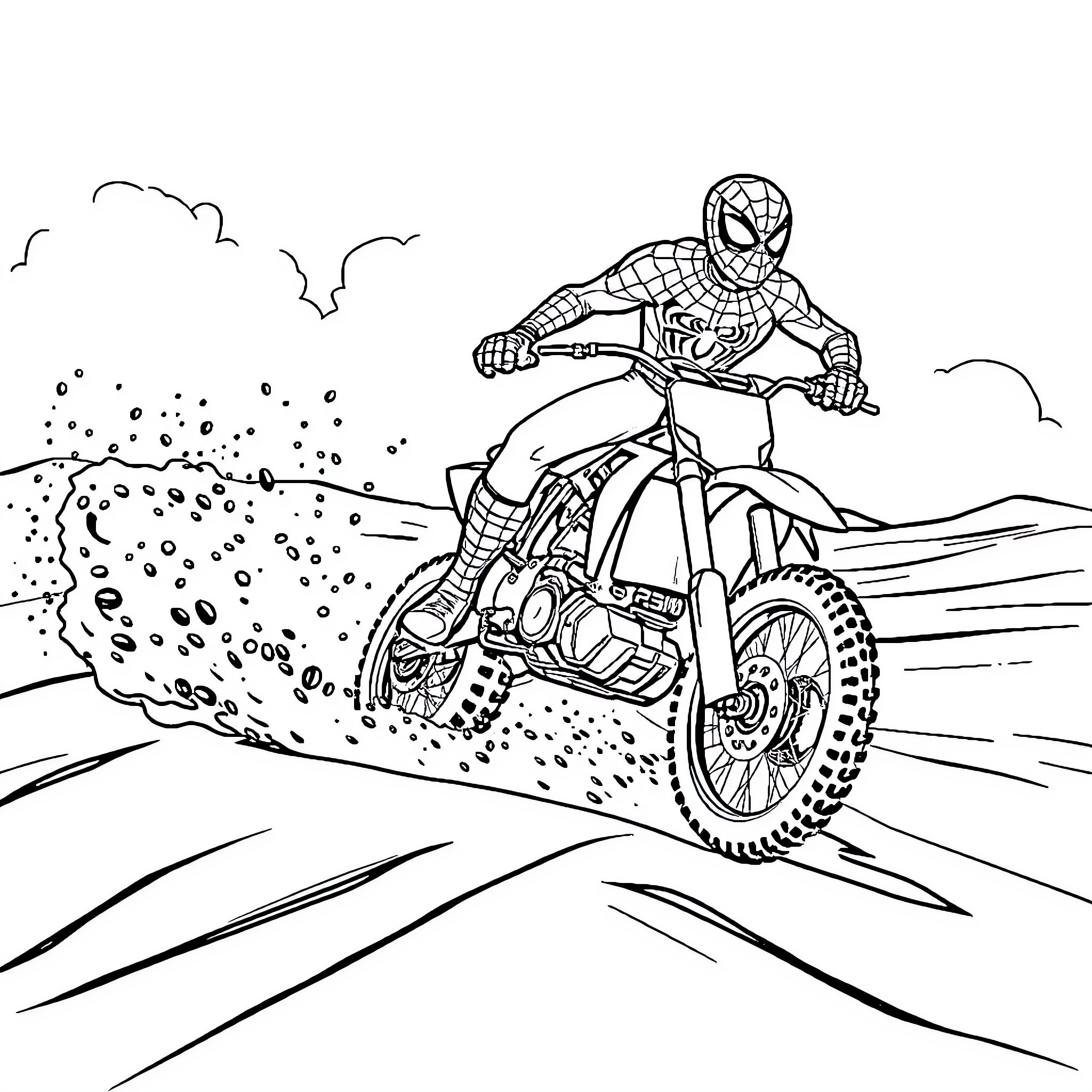 Spiderman Riding an Off-Road Motorcycle Coloring Page (free black-and-white line drawing printable PDF for all, from beginners to advanced learners, including children, teens, adults, and seniors)