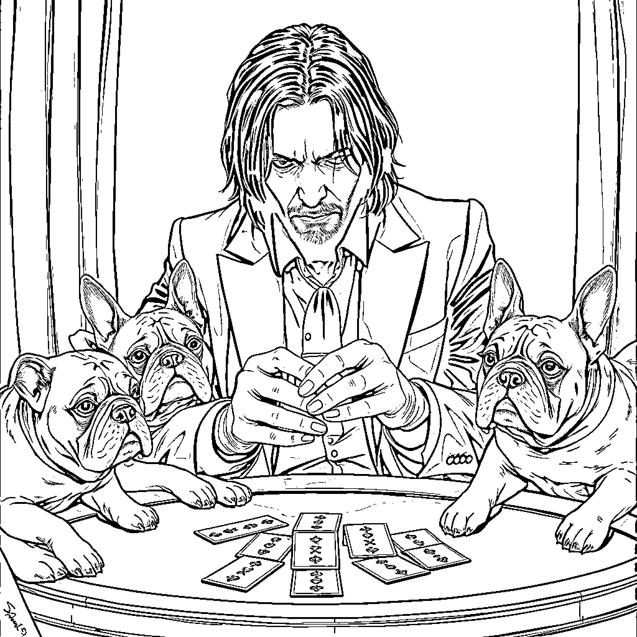 John Wick playing cards with aggressive dogs Coloring Page (free black-and-white line drawing printable PDF for all, from beginners to advanced learners, including children, teens, adults, and seniors)