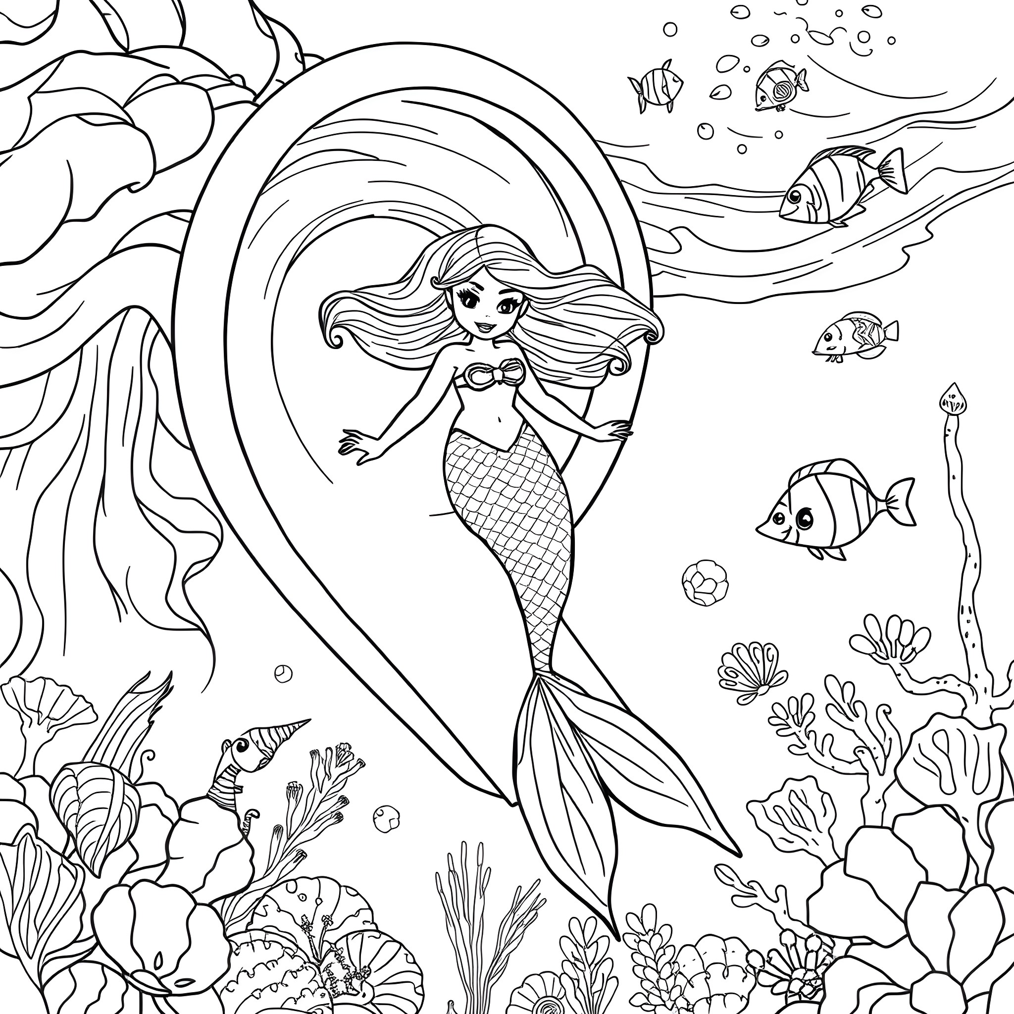 Mermaid swimming gracefully in the ocean Coloring Page (free black-and-white line drawing printable PDF for all, from beginners to advanced learners, including children, teens, adults, and seniors)