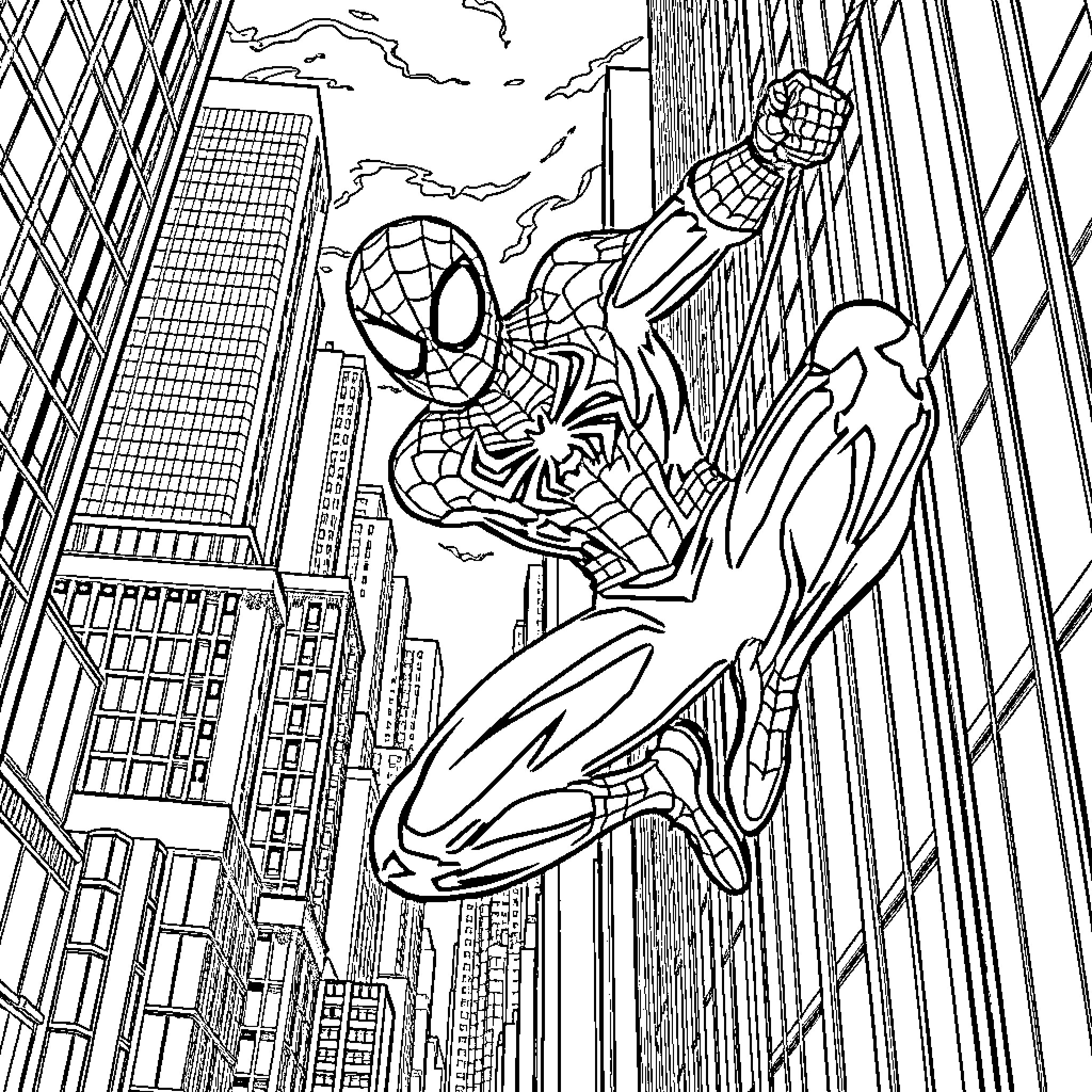 Spider-Man swinging through the city skyline Coloring Page (free black-and-white line drawing printable PDF for all, from beginners to advanced learners, including children, teens, adults, and seniors)