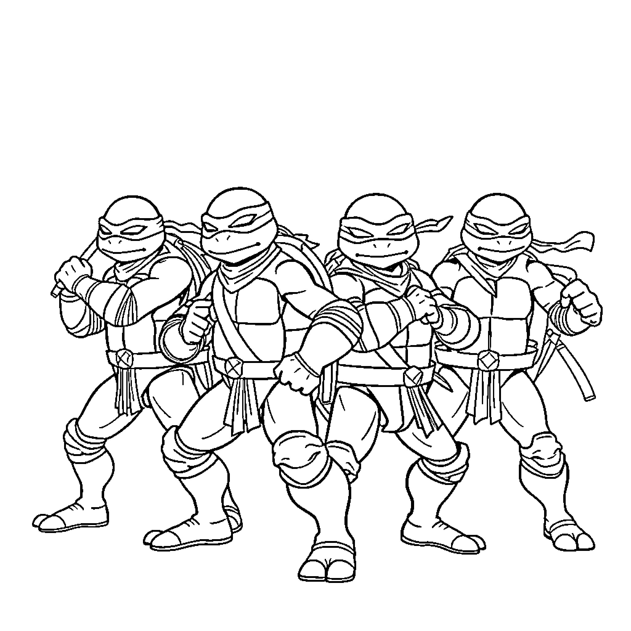 Ninja Turtles in battle-ready stances Coloring Page (free black-and-white line drawing printable PDF for all, from beginners to advanced learners, including children, teens, adults, and seniors)