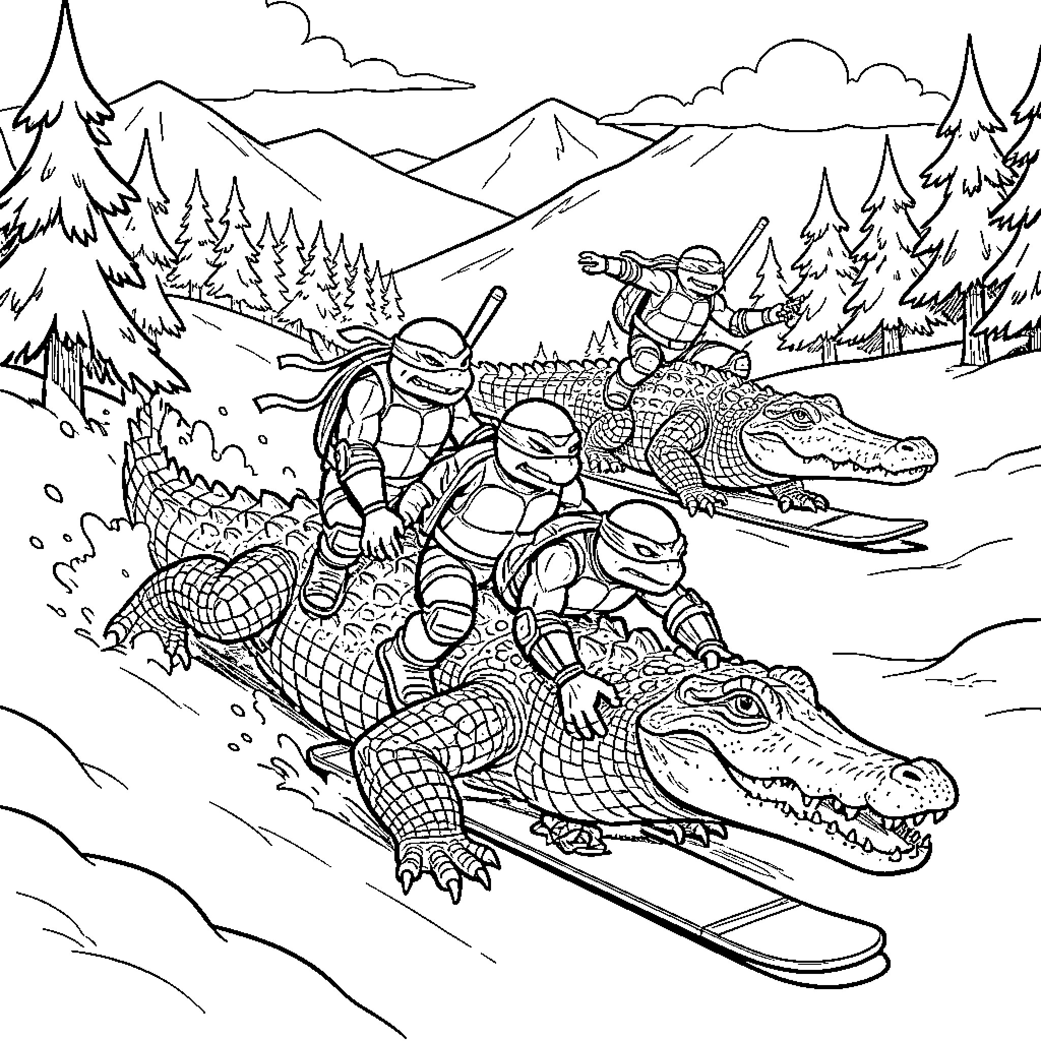 Ninja Turtle snowboarding down a mountain with alligators Coloring Page (free black-and-white line drawing printable PDF for all, from beginners to advanced learners, including children, teens, adults, and seniors)