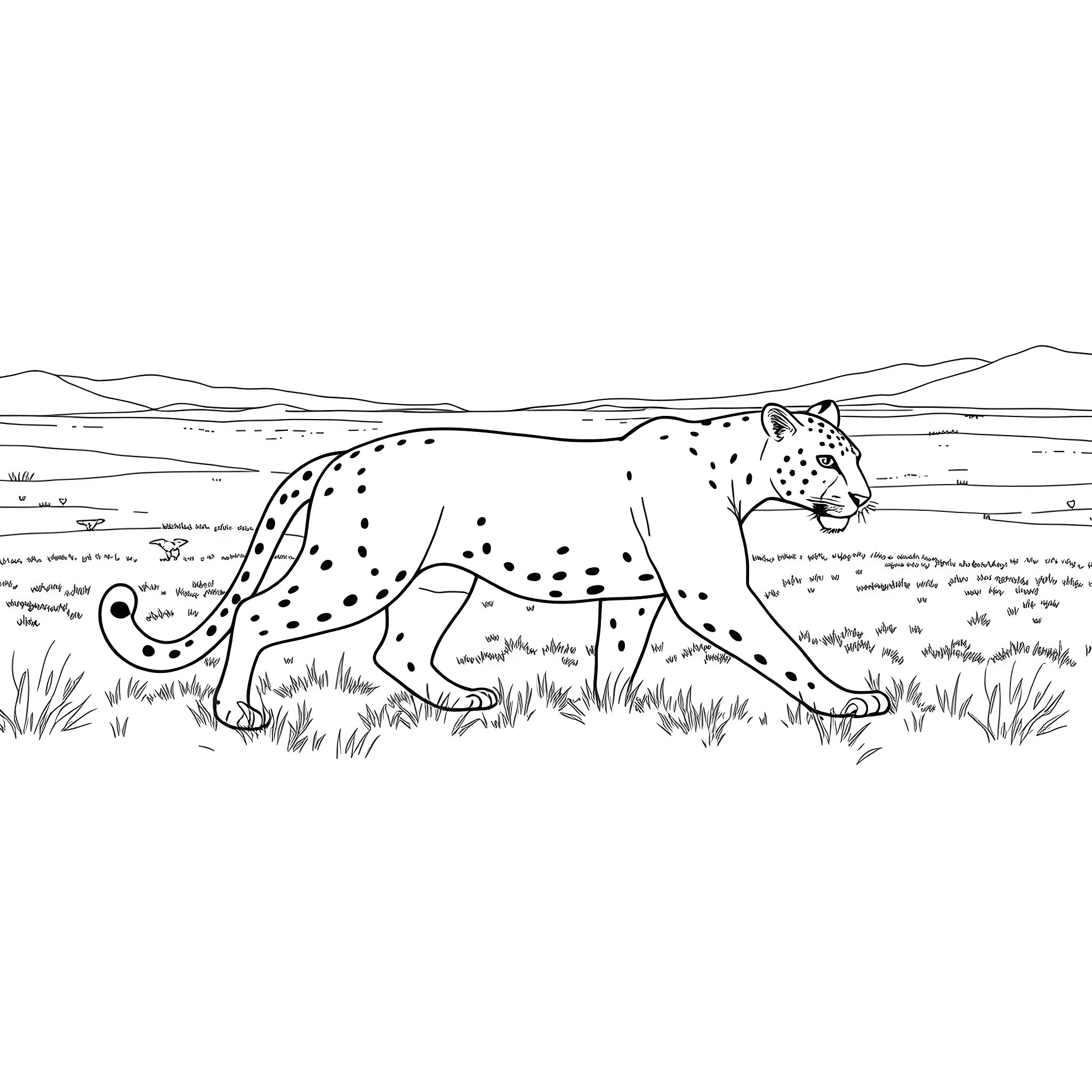 Leopard stalking through the wilderness Coloring Page (free black-and-white line drawing printable PDF for all, from beginners to advanced learners, including children, teens, adults, and seniors)