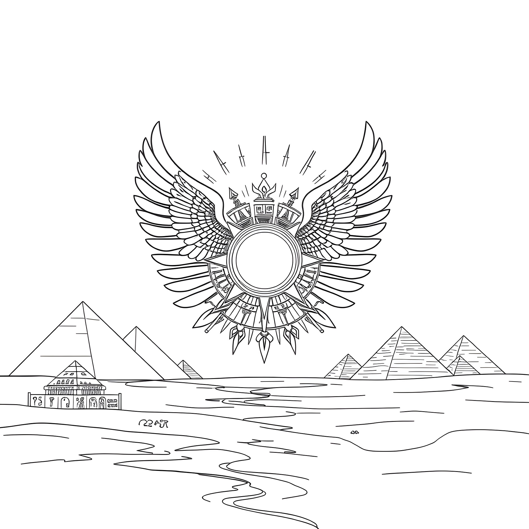 Solar Disc over Ancient Egyptian Pyramids Coloring Page (free black-and-white line drawing printable PDF for all, from beginners to advanced learners, including children, teens, adults, and seniors)