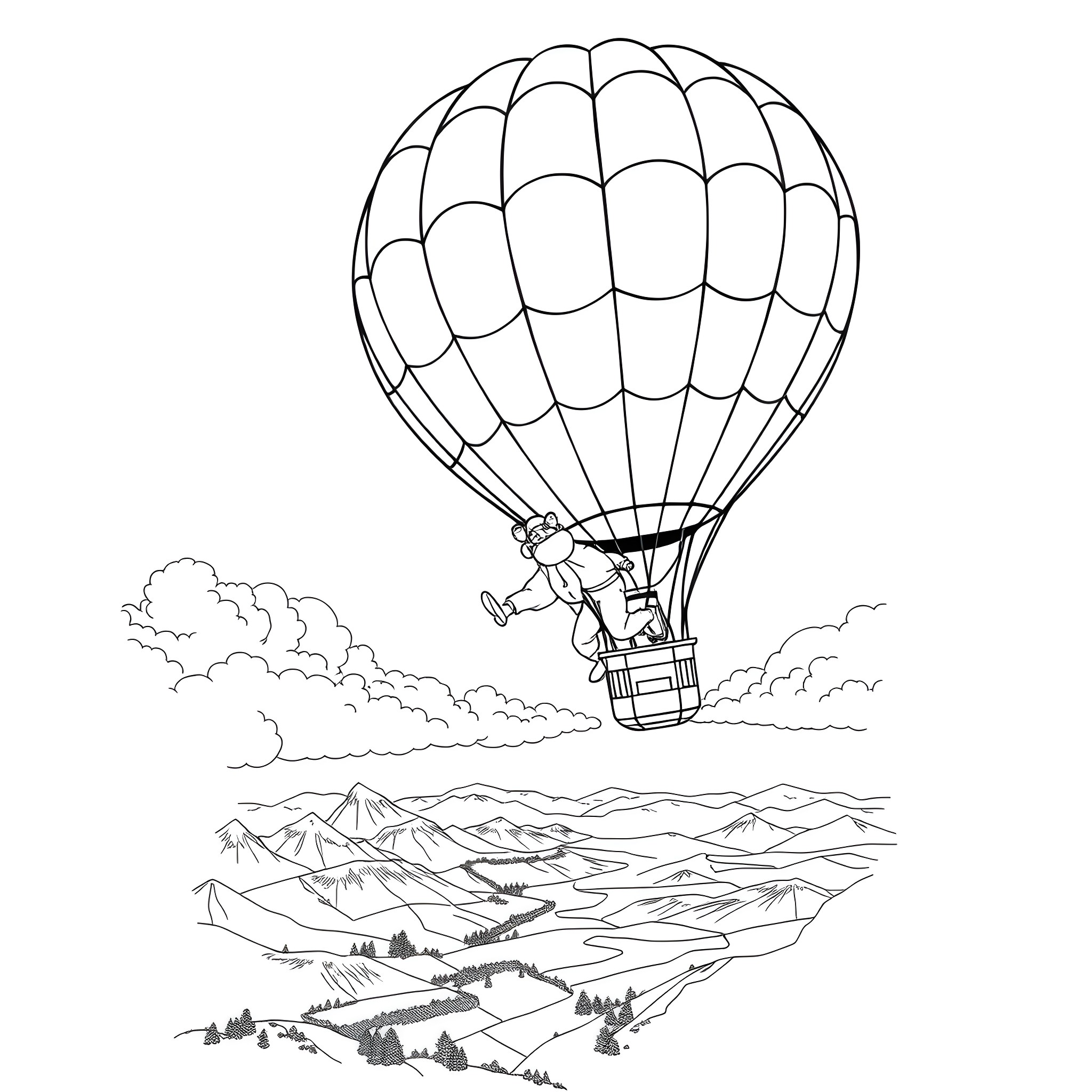Skydiving over scenic mountain landscape Coloring Page (free black-and-white line drawing printable PDF for all, from beginners to advanced learners, including children, teens, adults, and seniors)