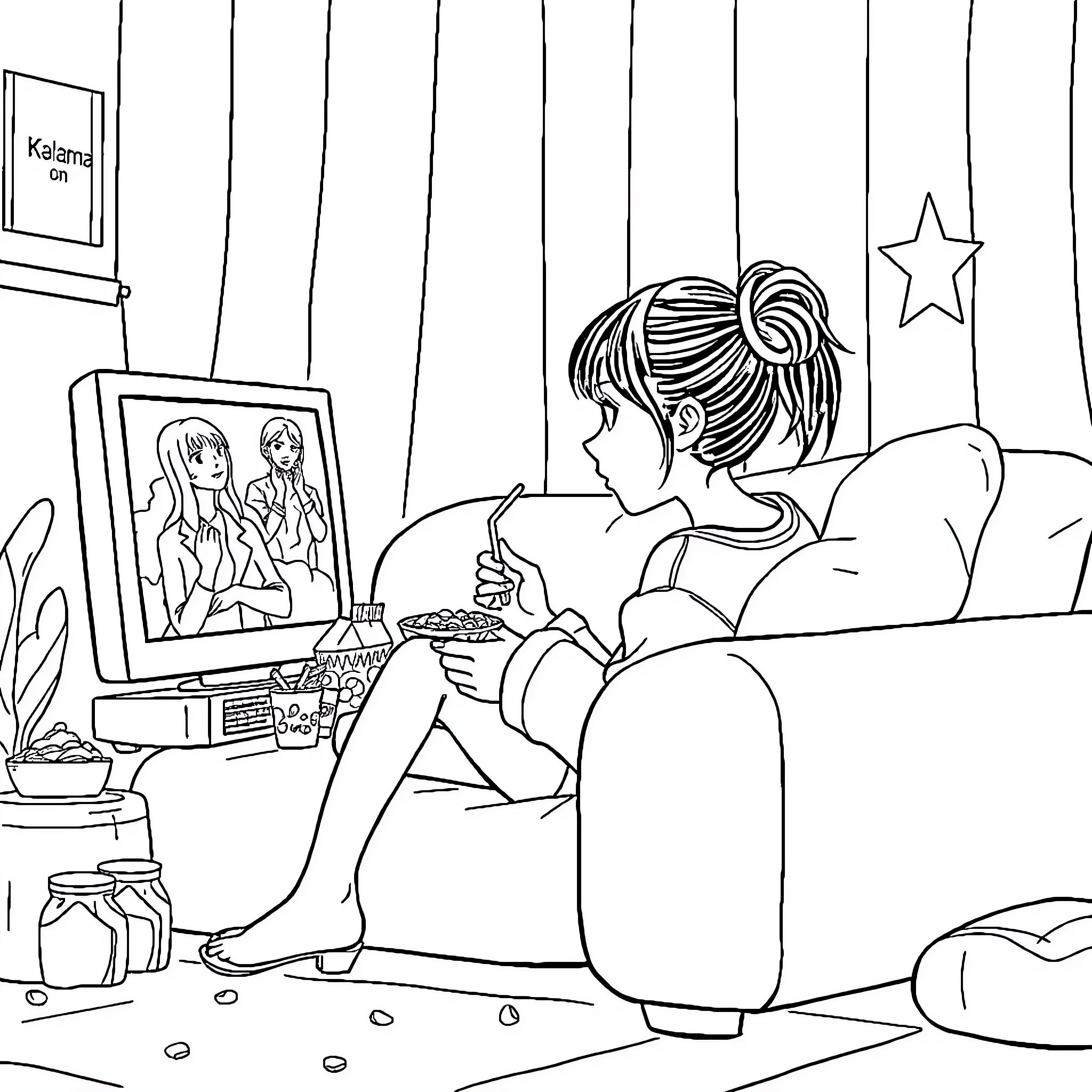 Girl enjoying a relaxing evening at home Coloring Page (free black-and-white line drawing printable PDF for all, from beginners to advanced learners, including children, teens, adults, and seniors)