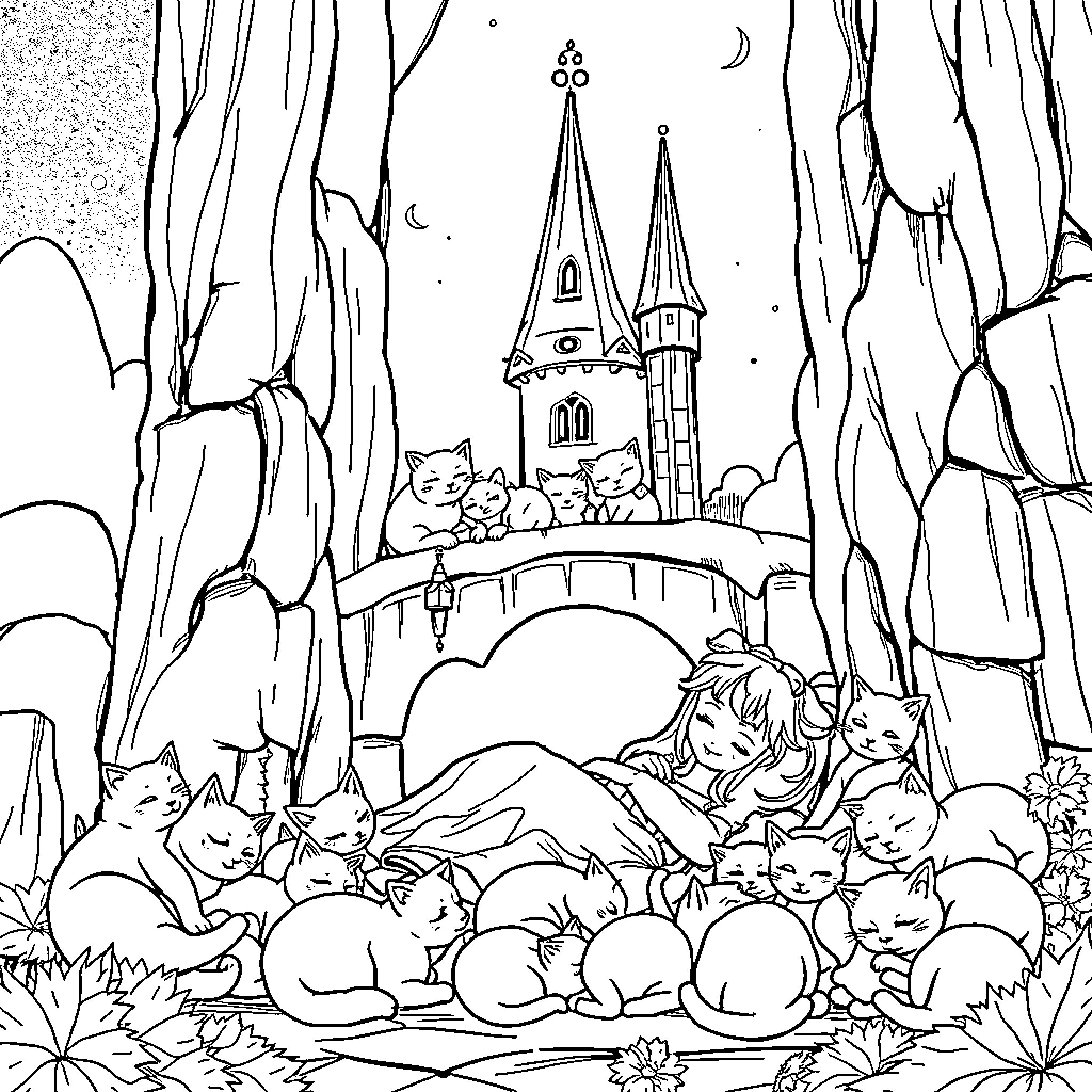 Beauty of whimsical forest with sleeping girl and kittens Coloring Page (free black-and-white line drawing printable PDF for all, from beginners to advanced learners, including children, teens, adults, and seniors)