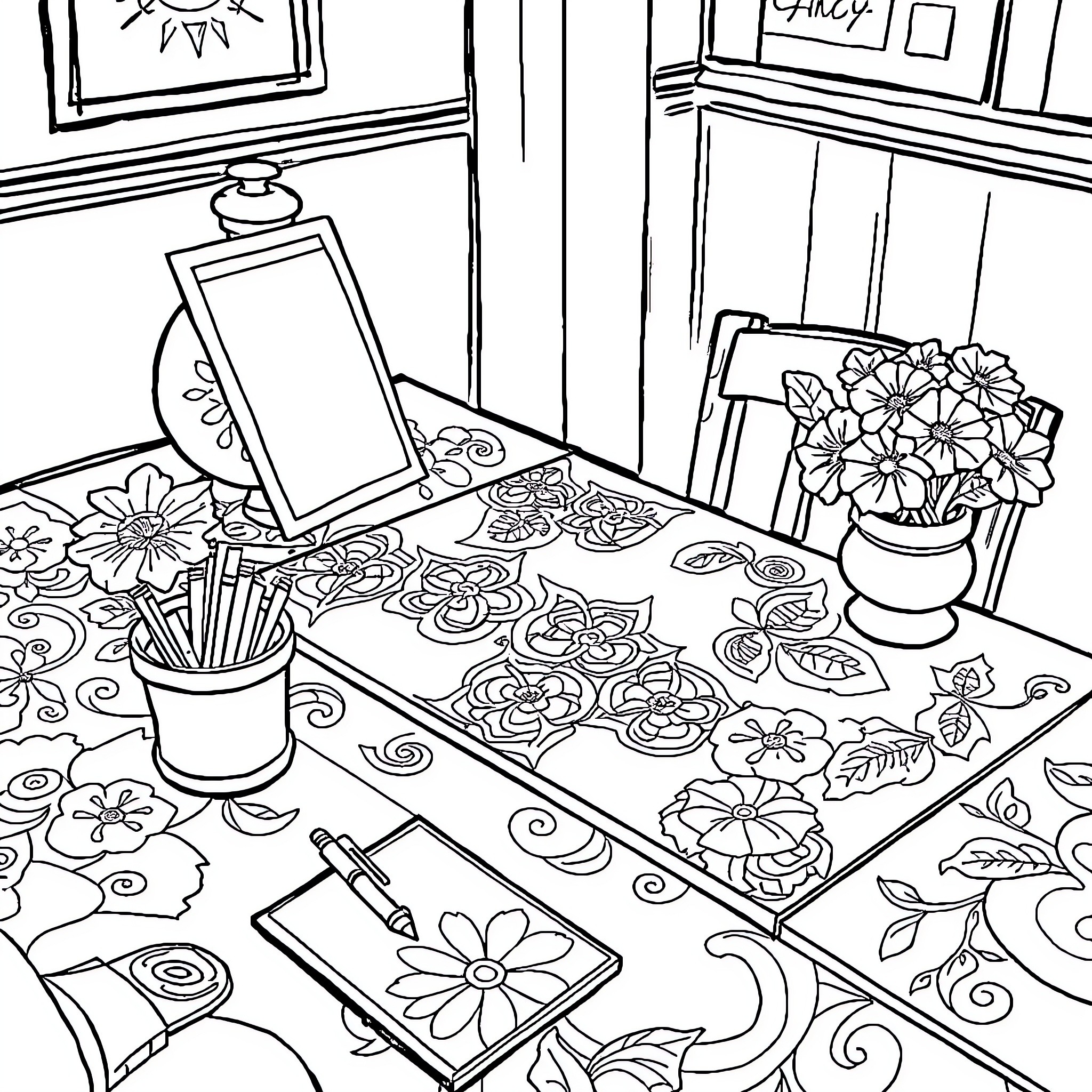 Sticker of a cozy artistic studio with floral decorations Coloring Page (free black-and-white line drawing printable PDF for all, from beginners to advanced learners, including children, teens, adults, and seniors)