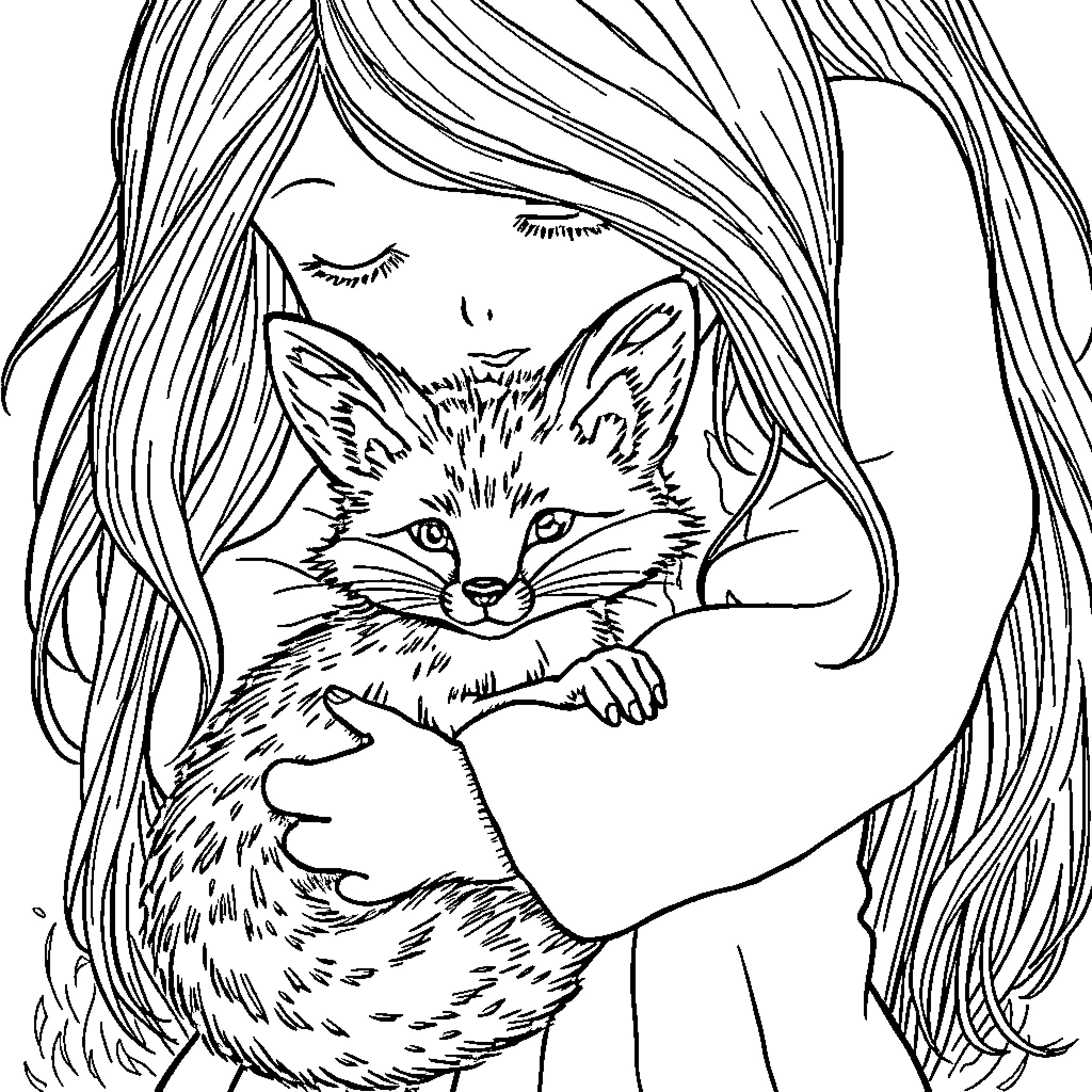 Fox Snuggling Contentedly in Woman's Arms Coloring Page (free black-and-white line drawing printable PDF for all, from beginners to advanced learners, including children, teens, adults, and seniors)