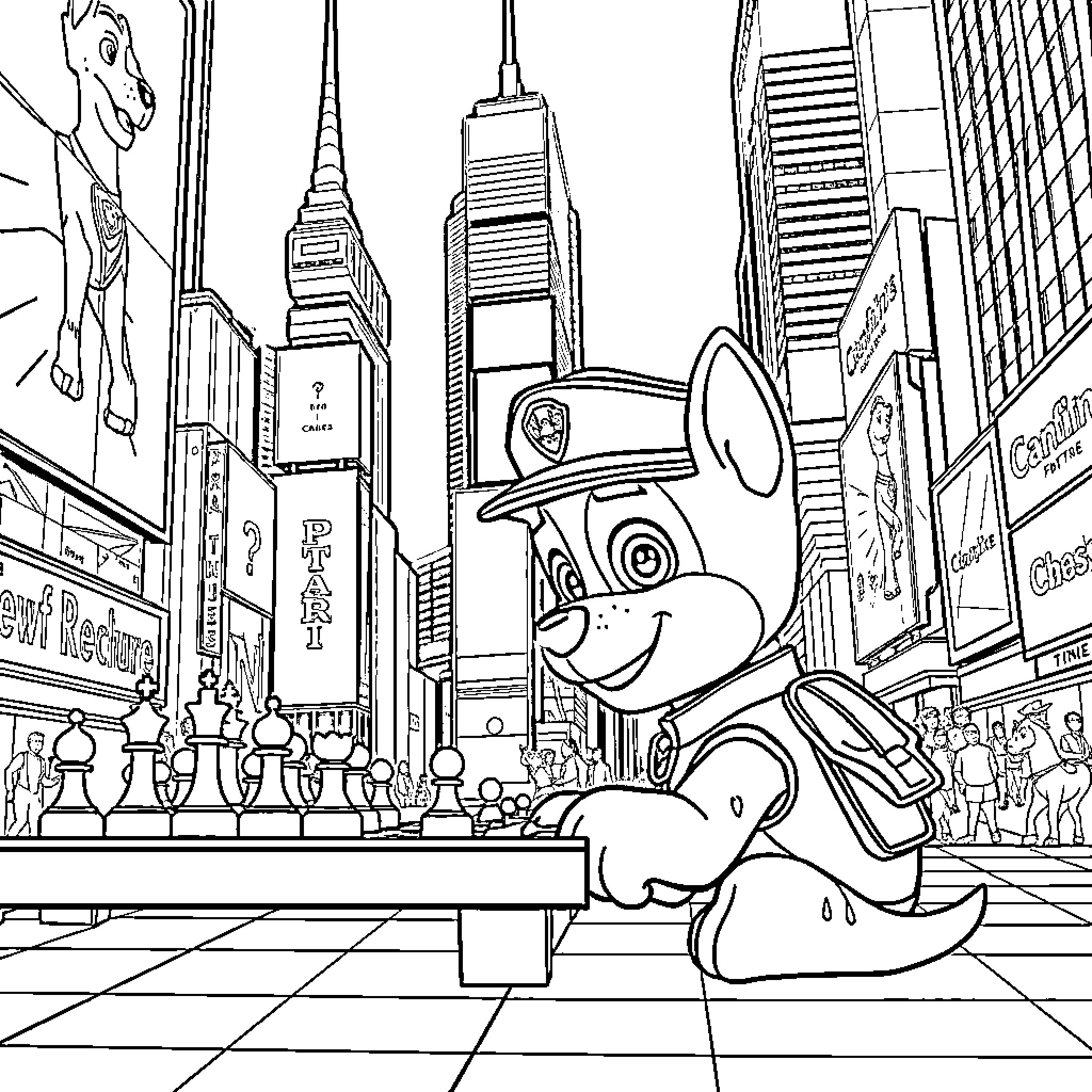 Chase through the bustling city streets Coloring Page (free black-and-white line drawing printable PDF for all, from beginners to advanced learners, including children, teens, adults, and seniors)