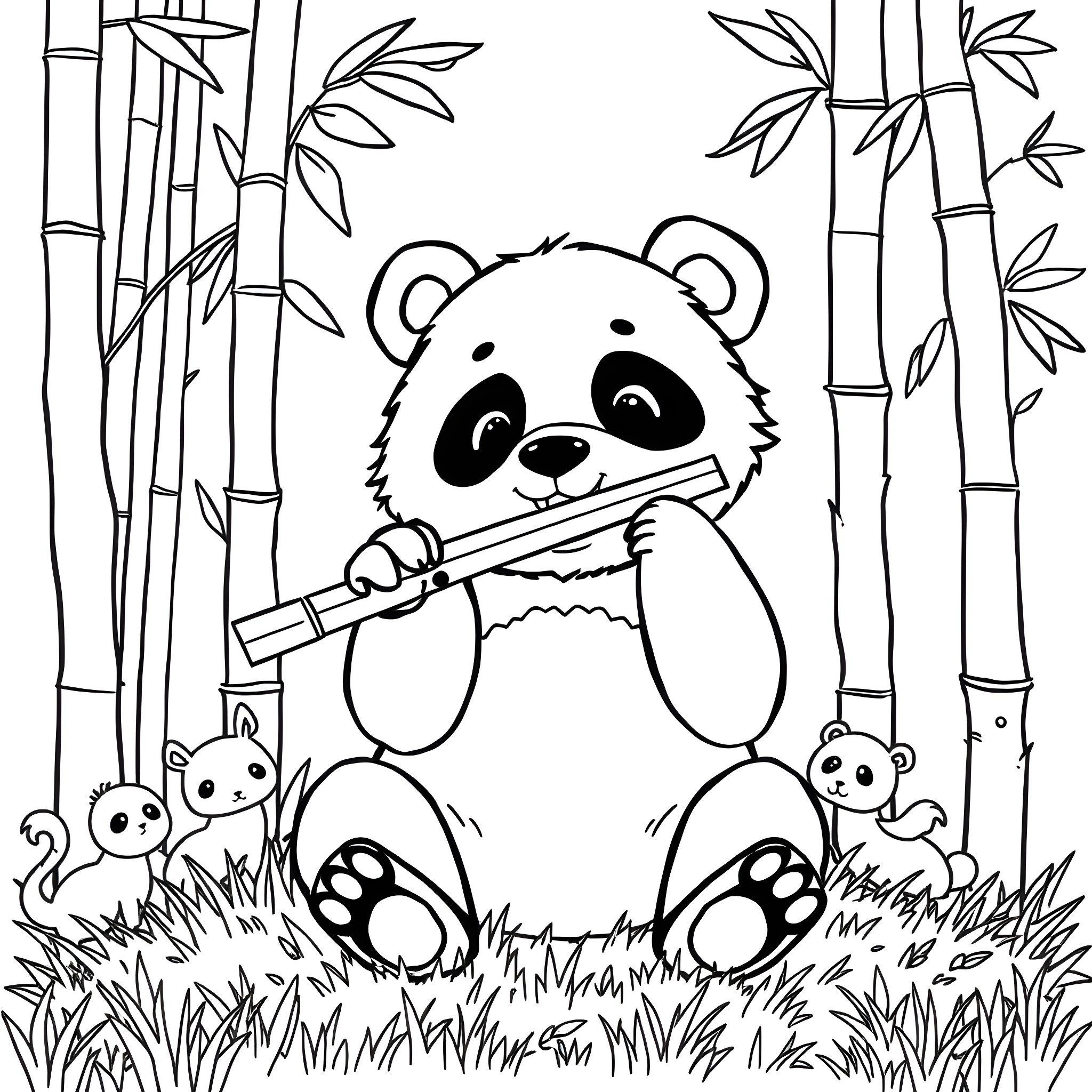Panda playing with bamboo in the forest Coloring Page (free black-and-white line drawing printable PDF for all, from beginners to advanced learners, including children, teens, adults, and seniors)