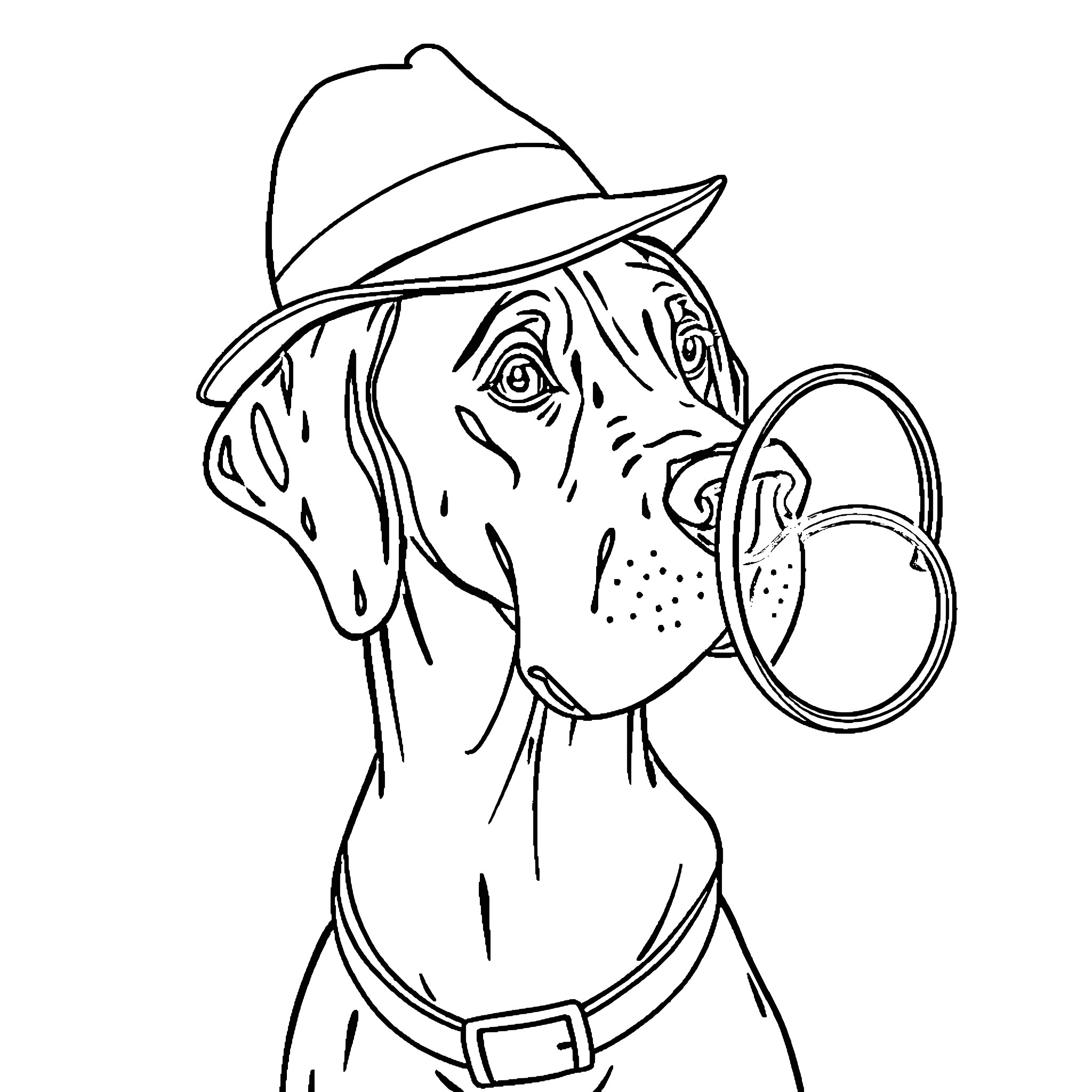 Great Dane detective examining through magnifying glass Coloring Page (free black-and-white line drawing printable PDF for all, from beginners to advanced learners, including children, teens, adults, and seniors)