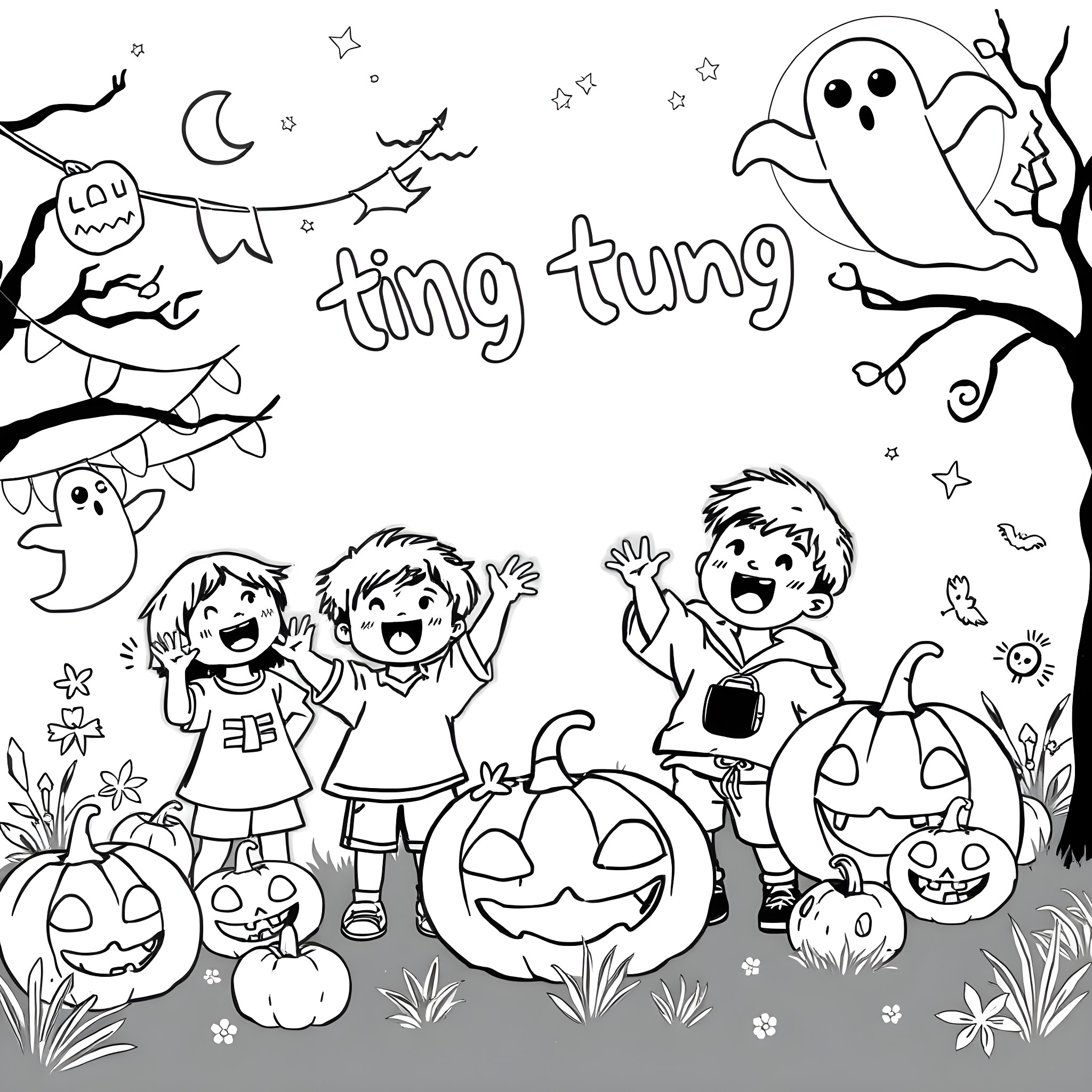 Sahur fun with ghostly friends Coloring Page (free black-and-white line drawing printable PDF for all, from beginners to advanced learners, including children, teens, adults, and seniors)