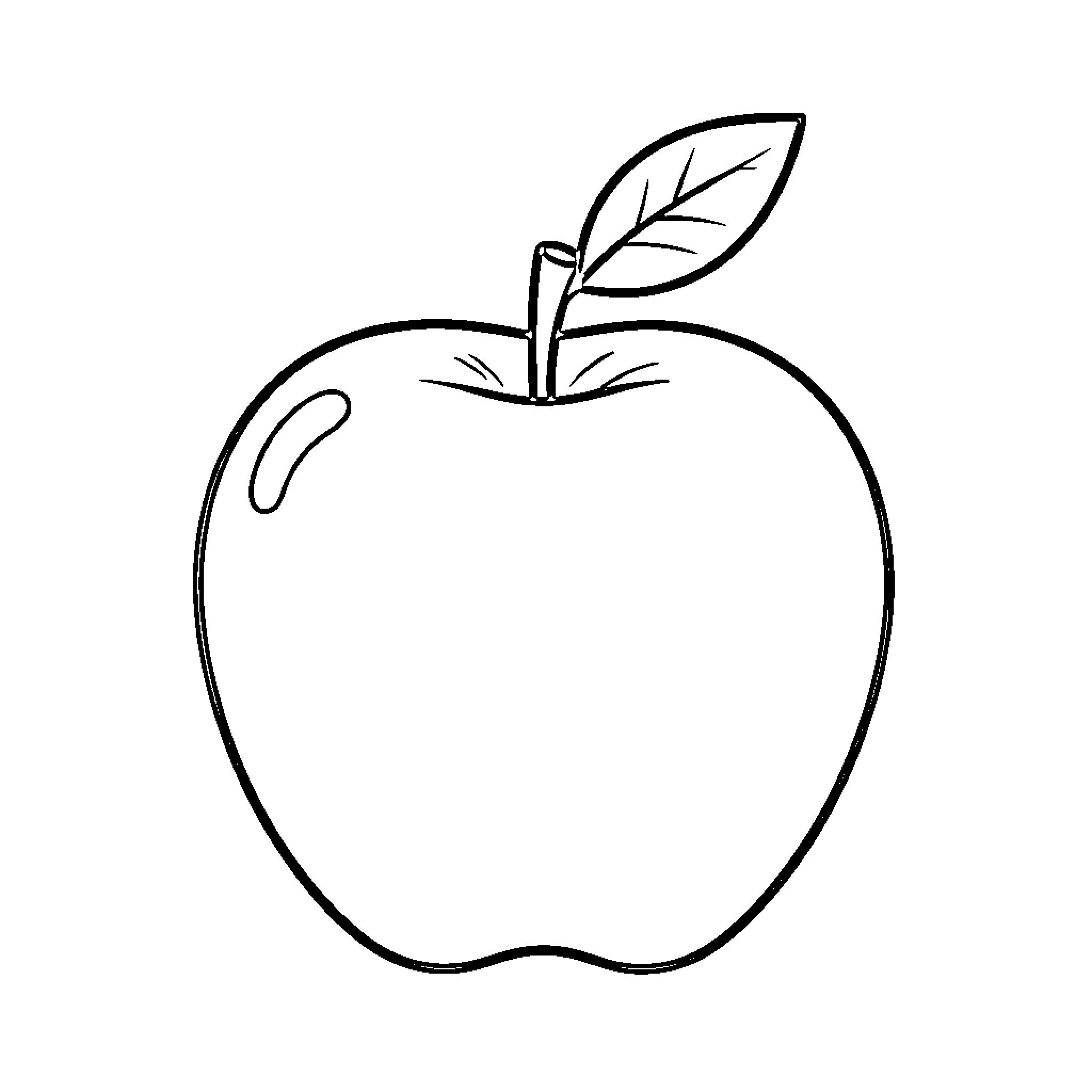 Apple sitting simply with a single leaf Coloring Page (free black-and-white line drawing printable PDF for all, from beginners to advanced learners, including children, teens, adults, and seniors)