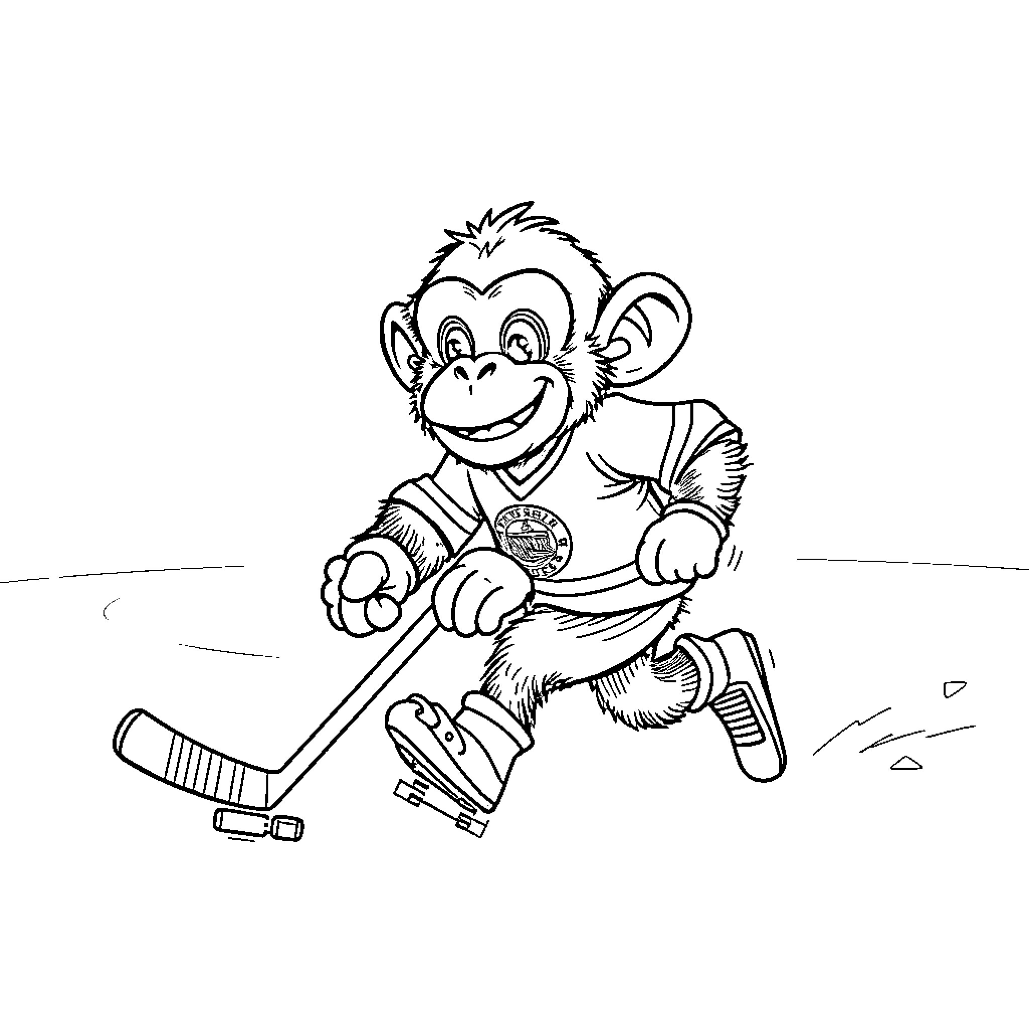 Chimp playing ice hockey on the rink Coloring Page (free black-and-white line drawing printable PDF for all, from beginners to advanced learners, including children, teens, adults, and seniors)