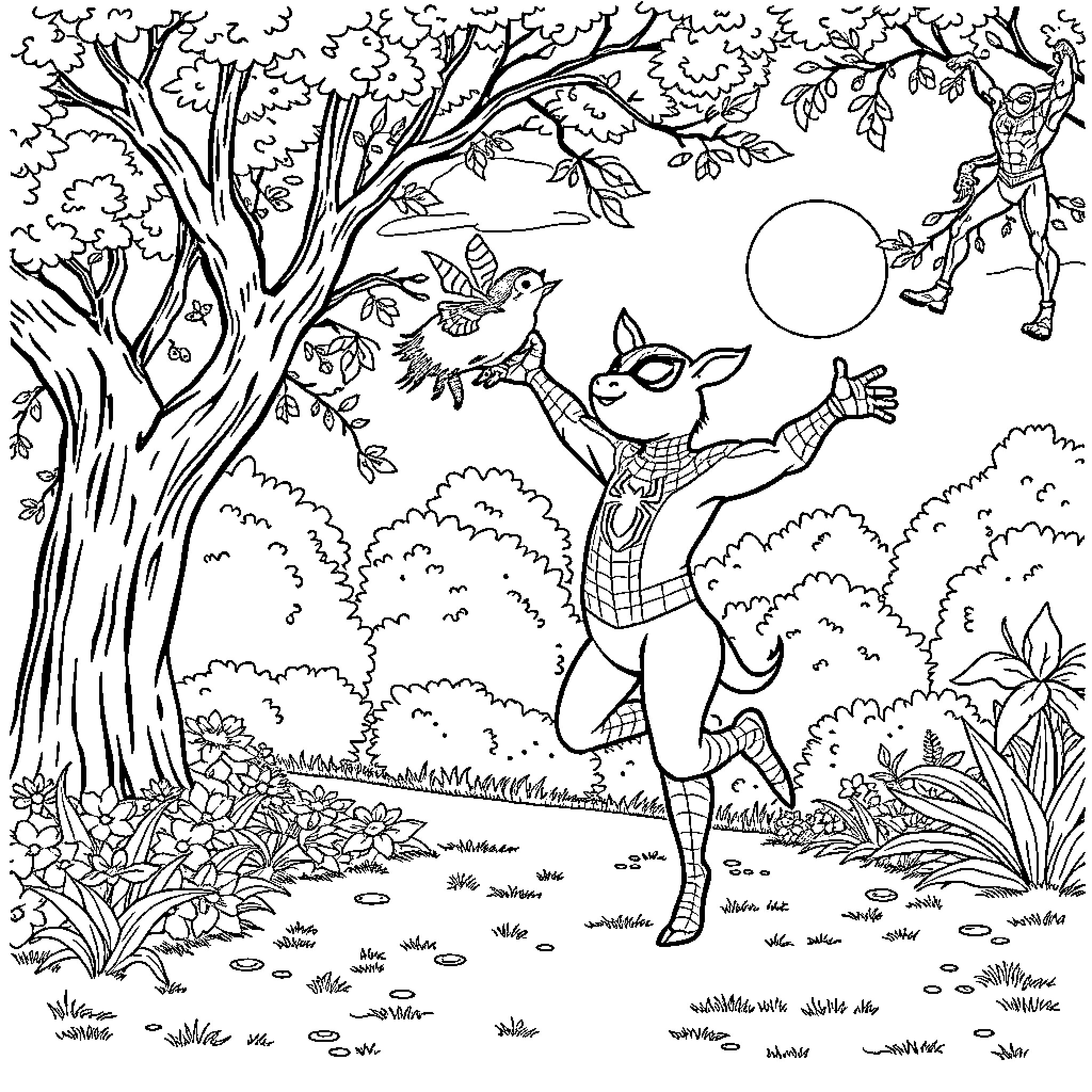 Vache relaxing in a lush forest landscape Coloring Page (free black-and-white line drawing printable PDF for all, from beginners to advanced learners, including children, teens, adults, and seniors)