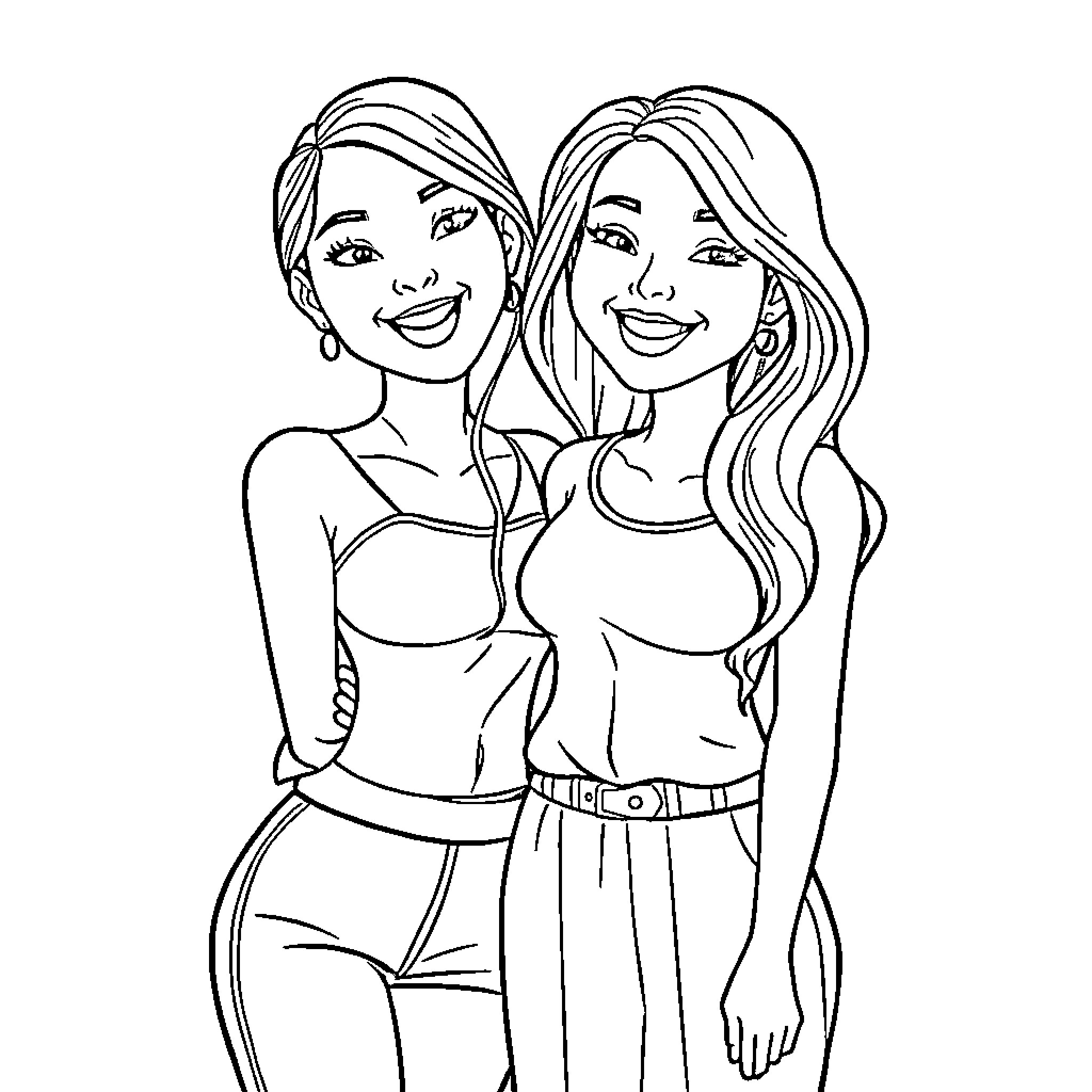 Aitana and Friend Posing Happily Coloring Page (free black-and-white line drawing printable PDF for all, from beginners to advanced learners, including children, teens, adults, and seniors)