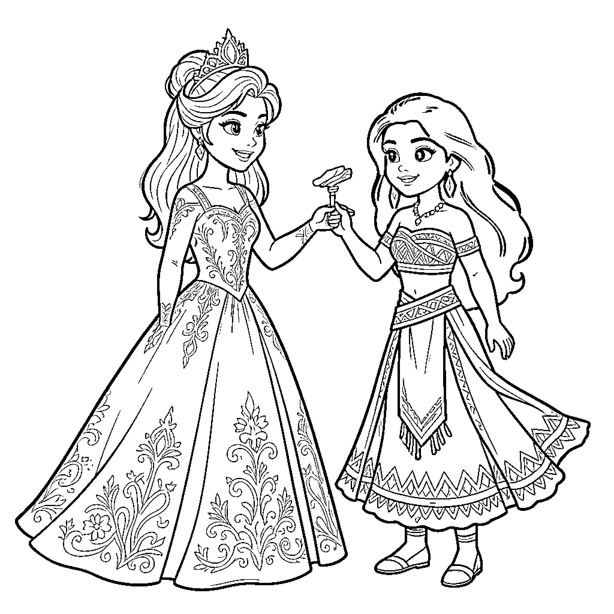 Queen presenting a small flower to a young princess Coloring Page (free black-and-white line drawing printable PDF for all, from beginners to advanced learners, including children, teens, adults, and seniors)