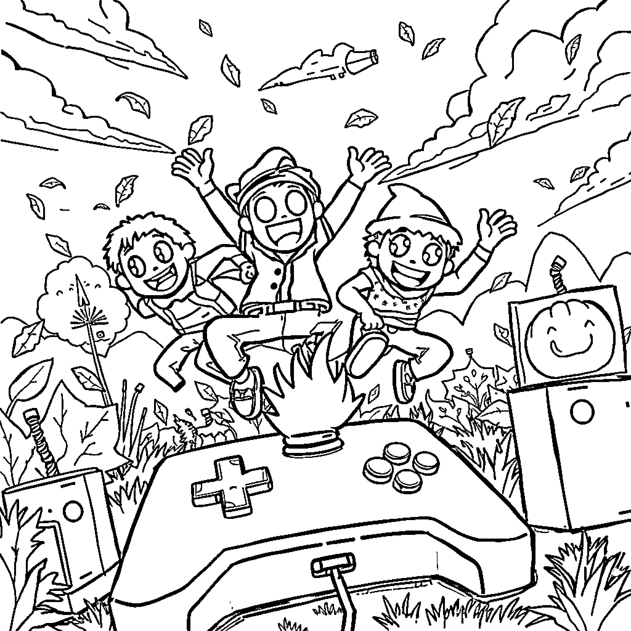 Fall Guys Excited Players Jumping in Autumn Landscape Coloring Page (free black-and-white line drawing printable PDF for all, from beginners to advanced learners, including children, teens, adults, and seniors)
