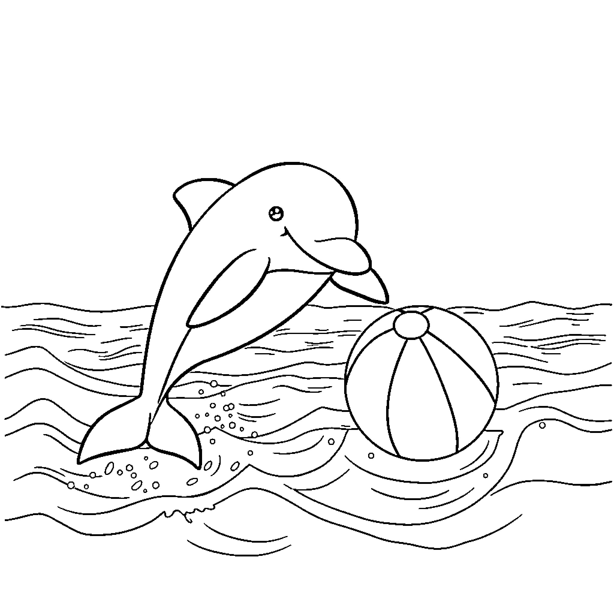 Dolphin playing with beach ball in the ocean Coloring Page (free black-and-white line drawing printable PDF for all, from beginners to advanced learners, including children, teens, adults, and seniors)