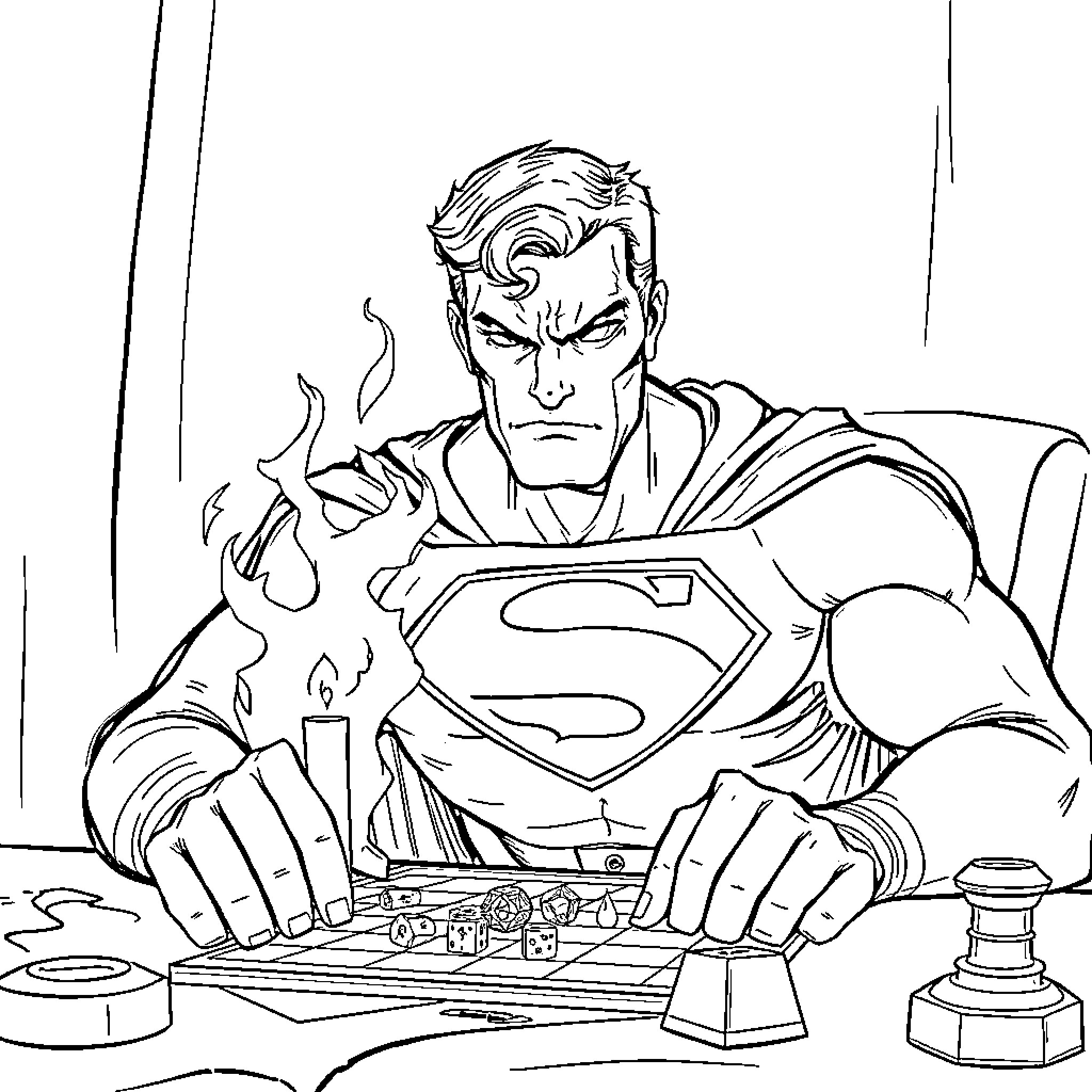 Superman solving a complex problem with determination Coloring Page (free black-and-white line drawing printable PDF for all, from beginners to advanced learners, including children, teens, adults, and seniors)