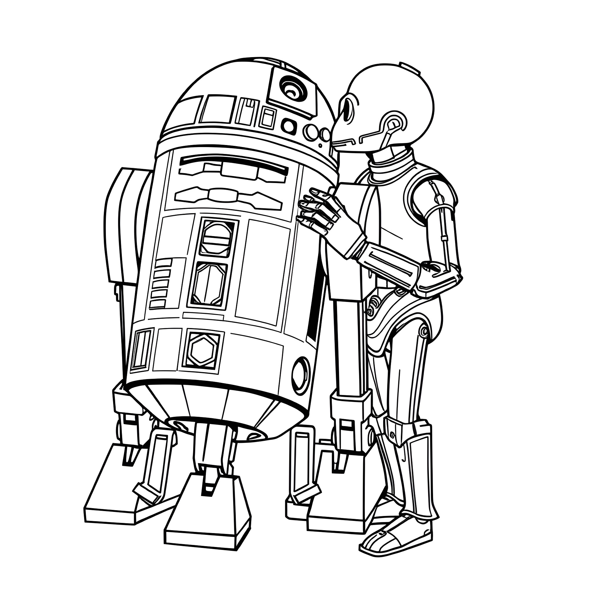 R2D2 assisting C-3PO with repairs Coloring Page (free black-and-white line drawing printable PDF for all, from beginners to advanced learners, including children, teens, adults, and seniors)