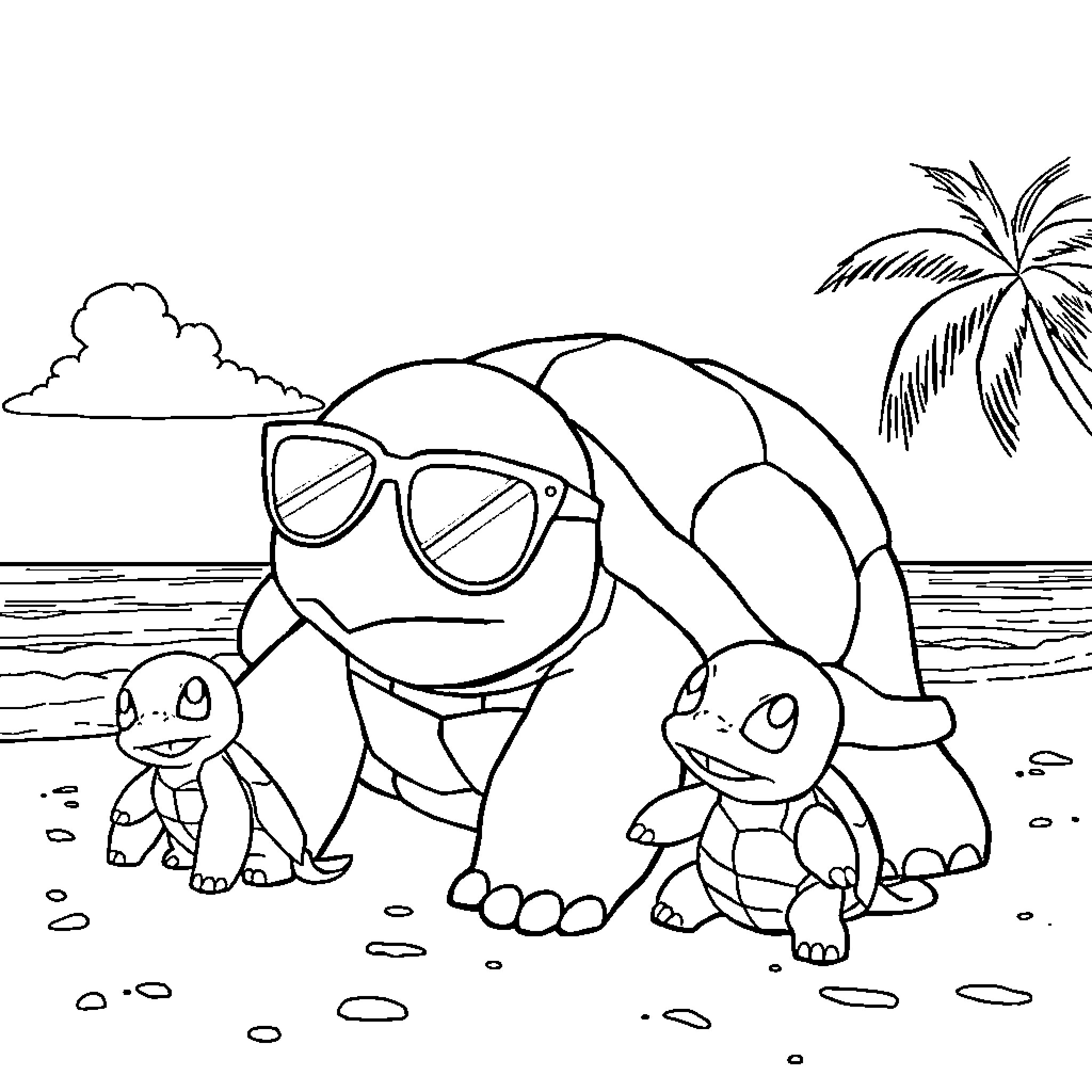 Blastoise relaxing with friends on the beach Coloring Page (free black-and-white line drawing printable PDF for all, from beginners to advanced learners, including children, teens, adults, and seniors)