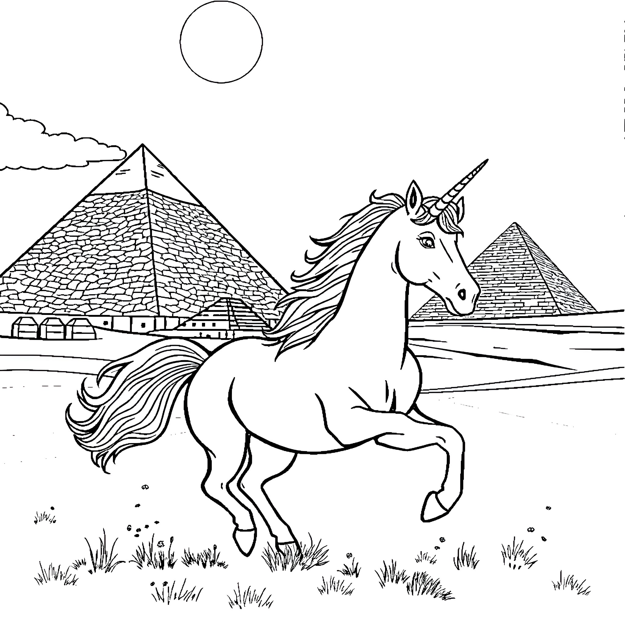 Unicorn Galloping through Ancient Egyptian Landscape Coloring Page (free black-and-white line drawing printable PDF for all, from beginners to advanced learners, including children, teens, adults, and seniors)