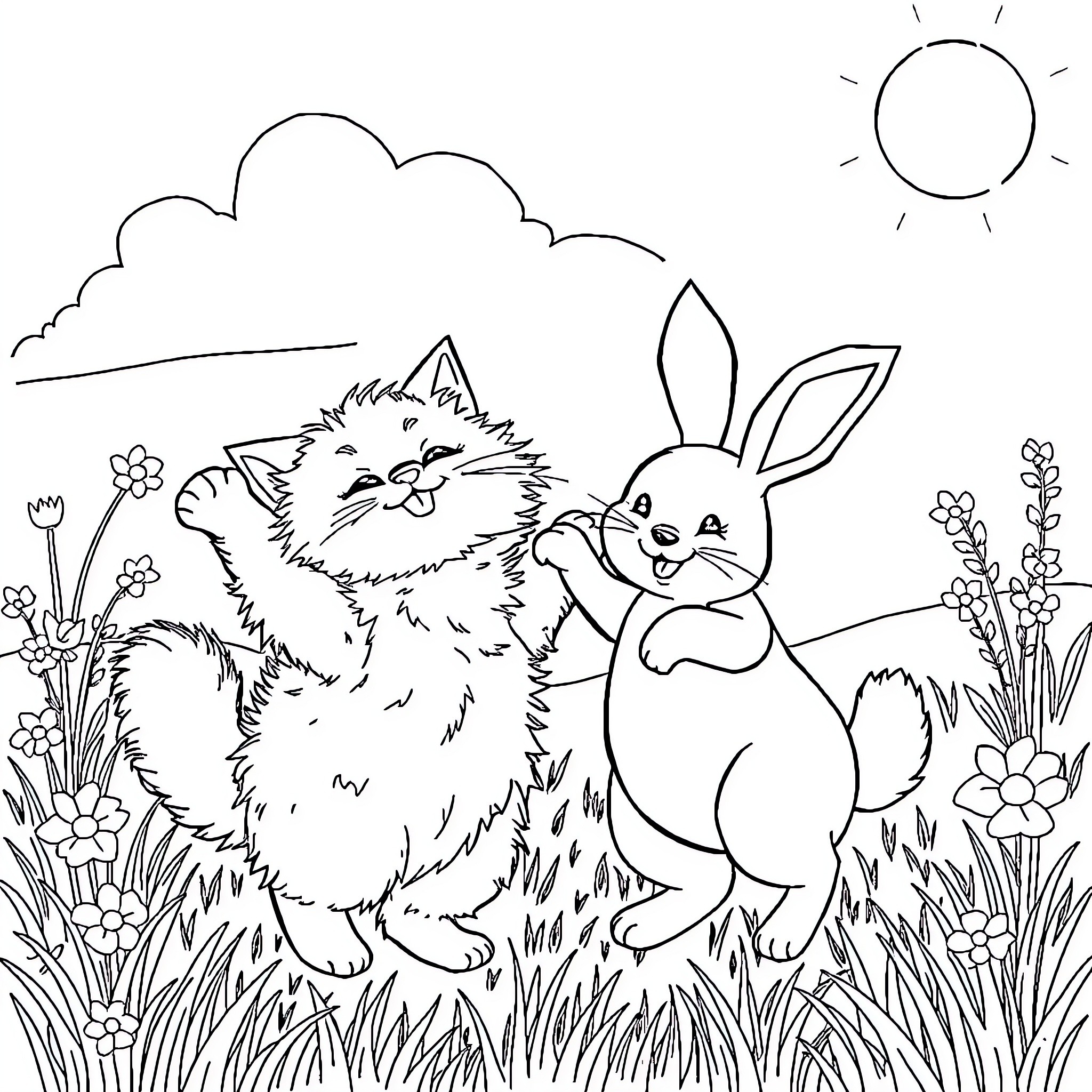 Cat and Rabbit Playing in the Meadow Coloring Page (free black-and-white line drawing printable PDF for all, from beginners to advanced learners, including children, teens, adults, and seniors)