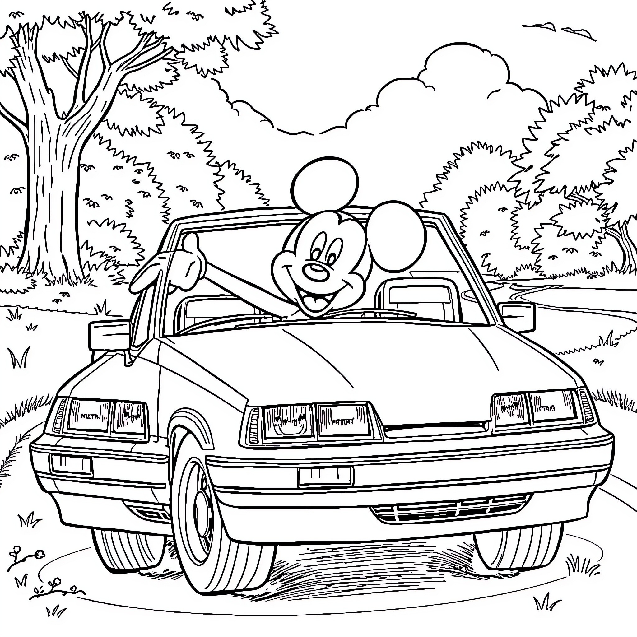 Mickey Mouse driving a car in a nature scene Coloring Page (free black-and-white line drawing printable PDF for all, from beginners to advanced learners, including children, teens, adults, and seniors)