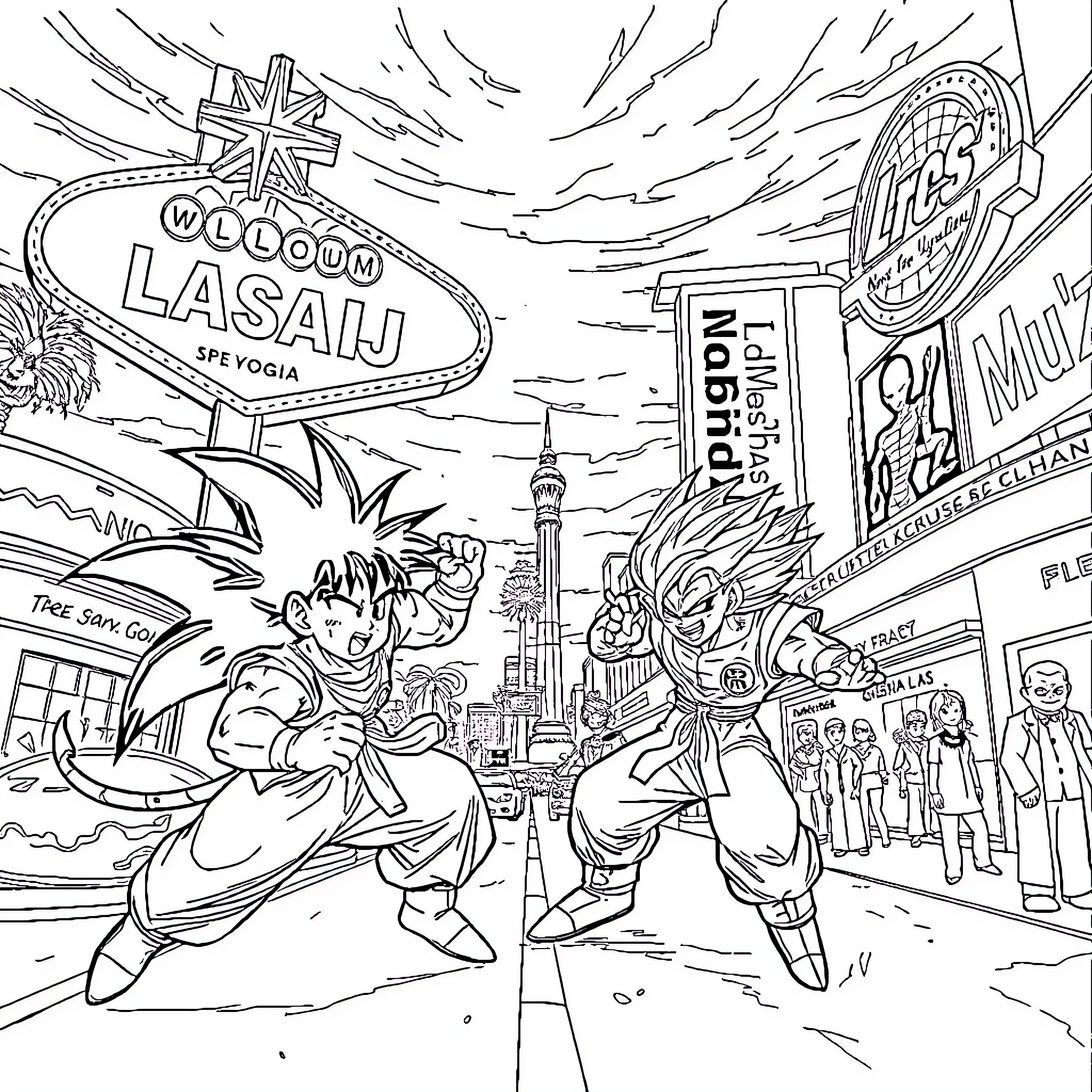 Dragon Ball Z Characters in Action-Packed Urban Scene Coloring Page (free black-and-white line drawing printable PDF for all, from beginners to advanced learners, including children, teens, adults, and seniors)