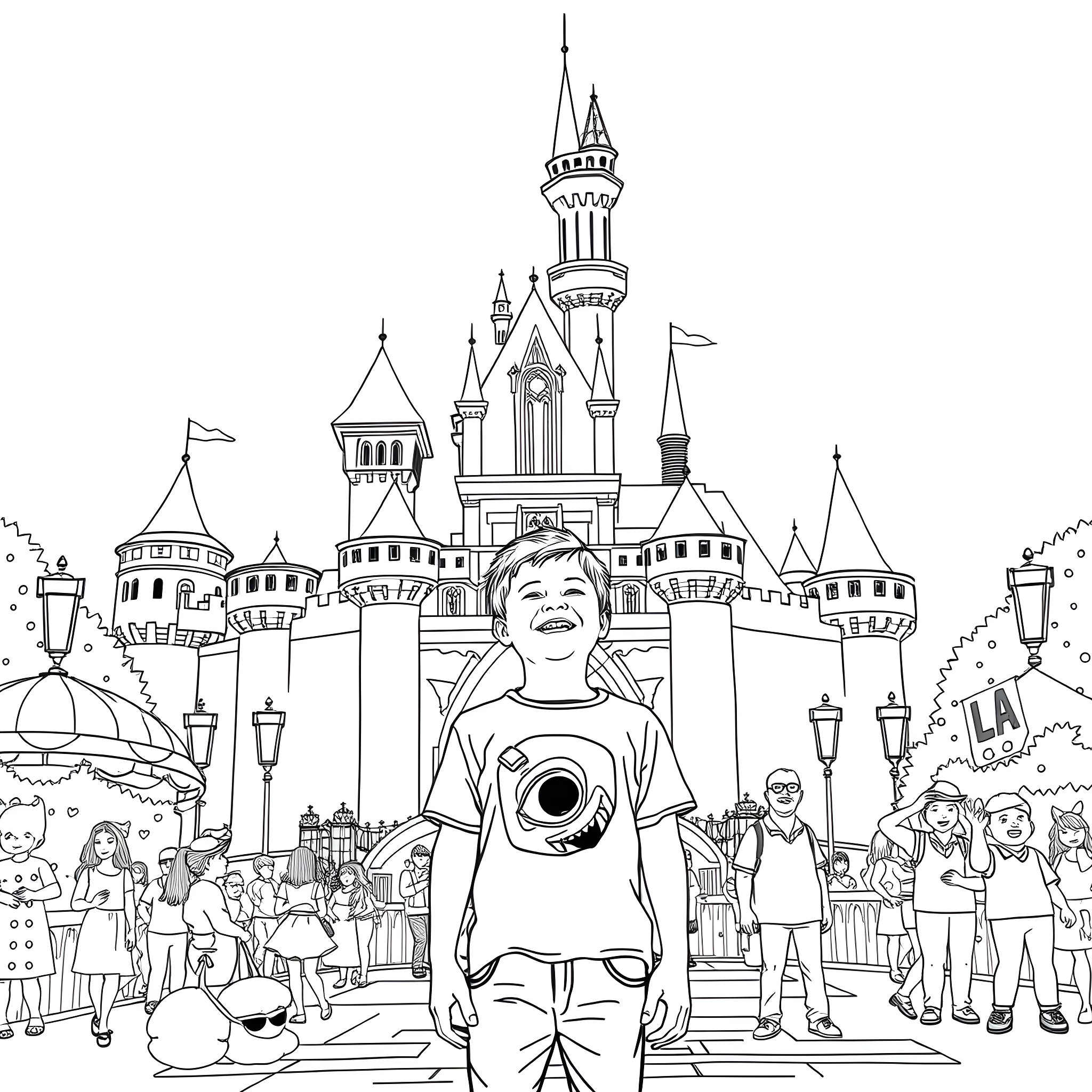 Boy exploring magical castle with crowd of people Coloring Page (free black-and-white line drawing printable PDF for all, from beginners to advanced learners, including children, teens, adults, and seniors)