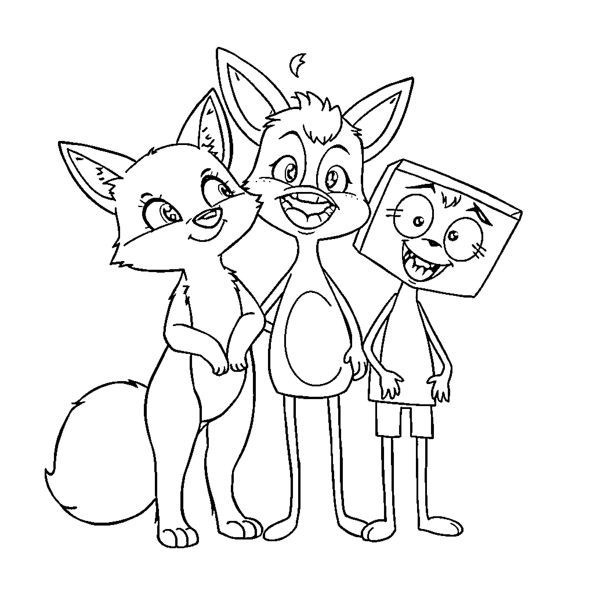 Lanky Box characters posing happily together Coloring Page (free black-and-white line drawing printable PDF for all, from beginners to advanced learners, including children, teens, adults, and seniors)
