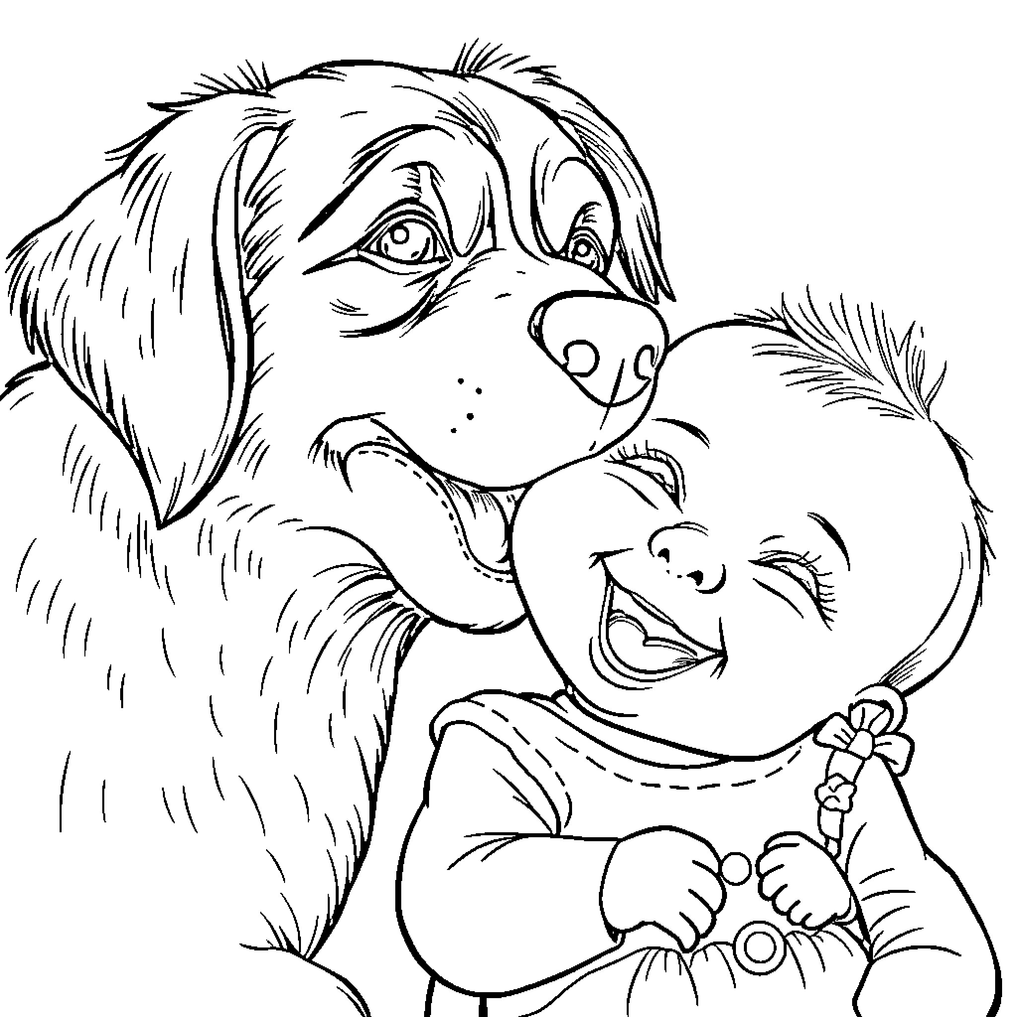 Dog embracing a playful bear Coloring Page (free black-and-white line drawing printable PDF for all, from beginners to advanced learners, including children, teens, adults, and seniors)