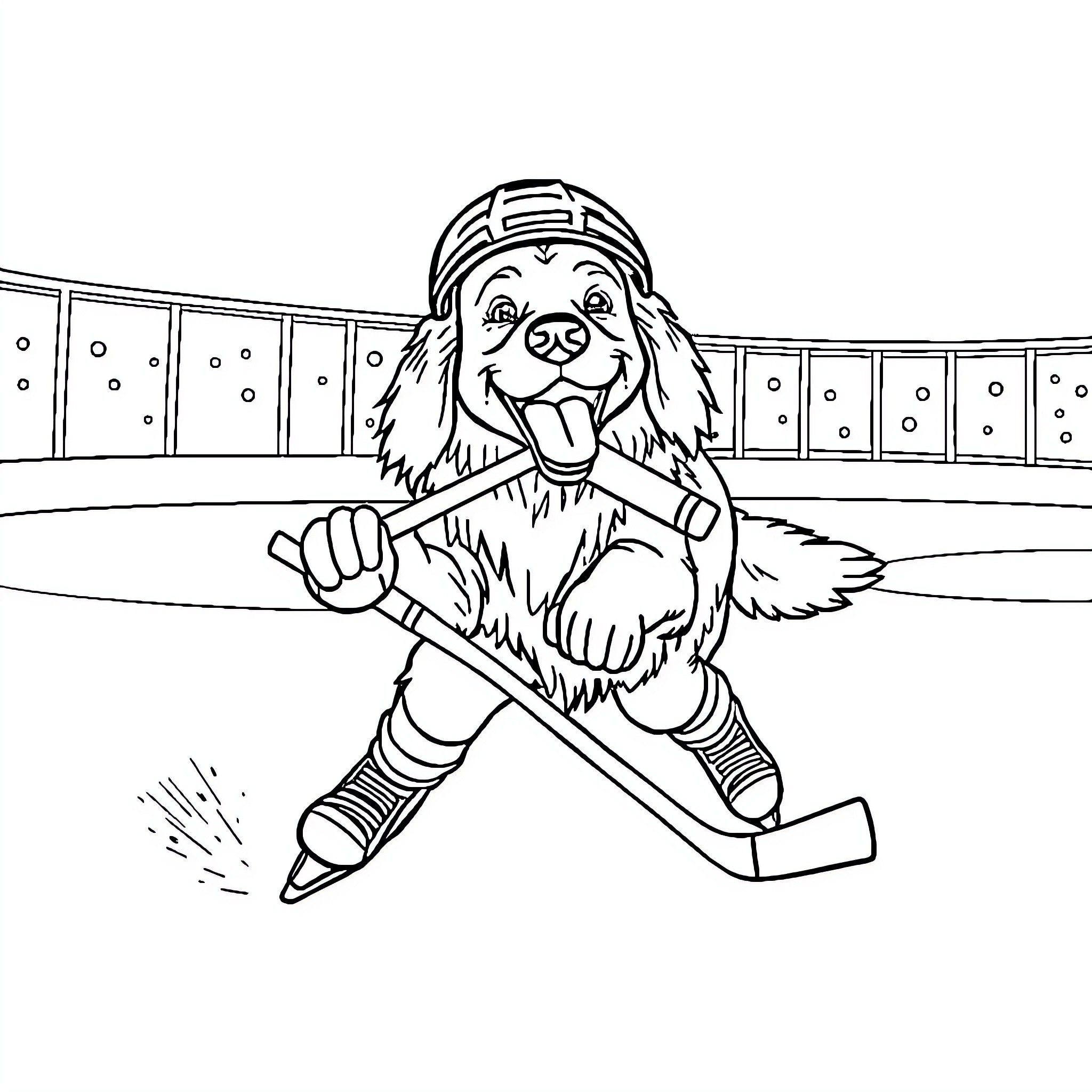 Golden Retriever playing hockey on ice rink Coloring Page (free black-and-white line drawing printable PDF for all, from beginners to advanced learners, including children, teens, adults, and seniors)