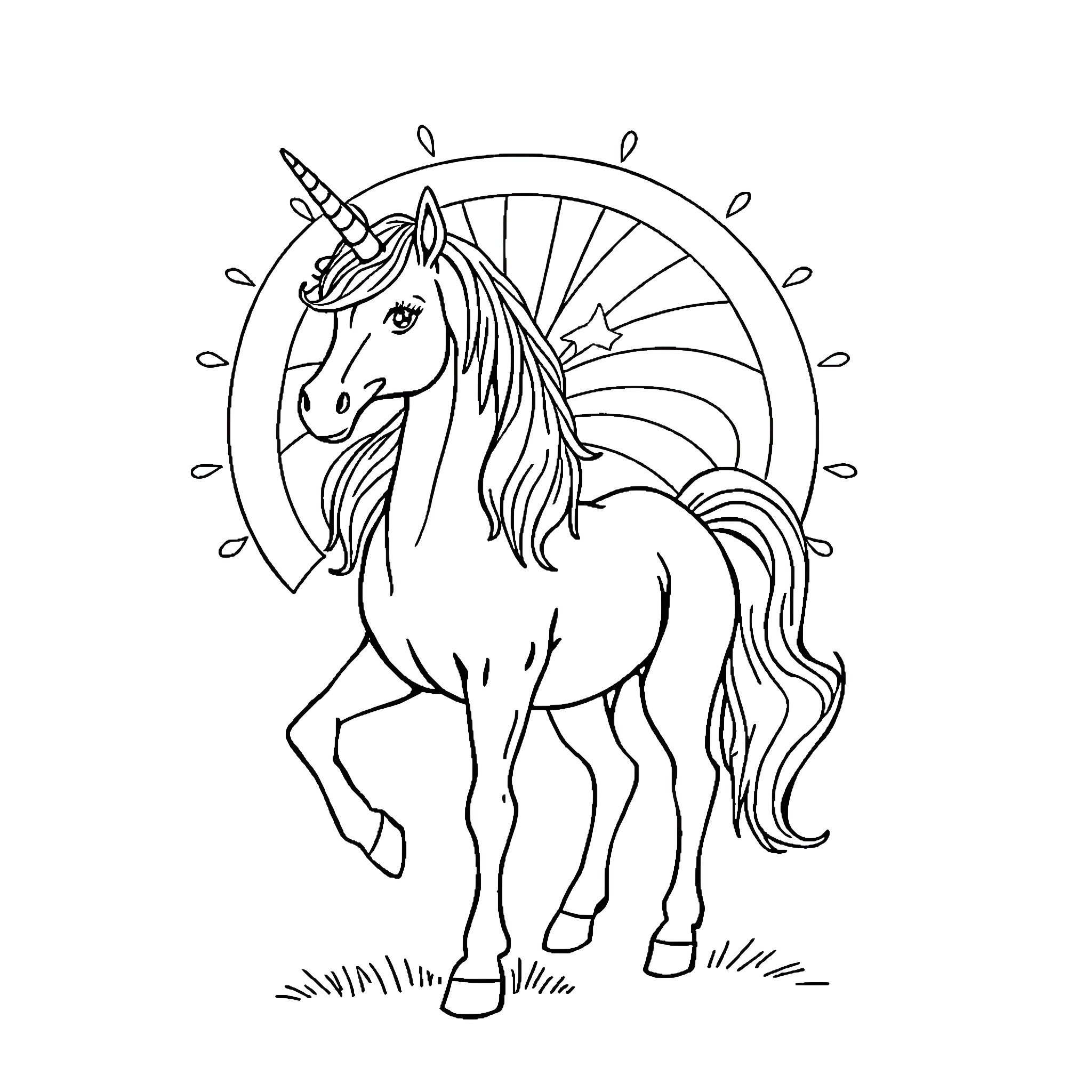 Unicorn standing gracefully in a magical circle Coloring Page (free black-and-white line drawing printable PDF for all, from beginners to advanced learners, including children, teens, adults, and seniors)
