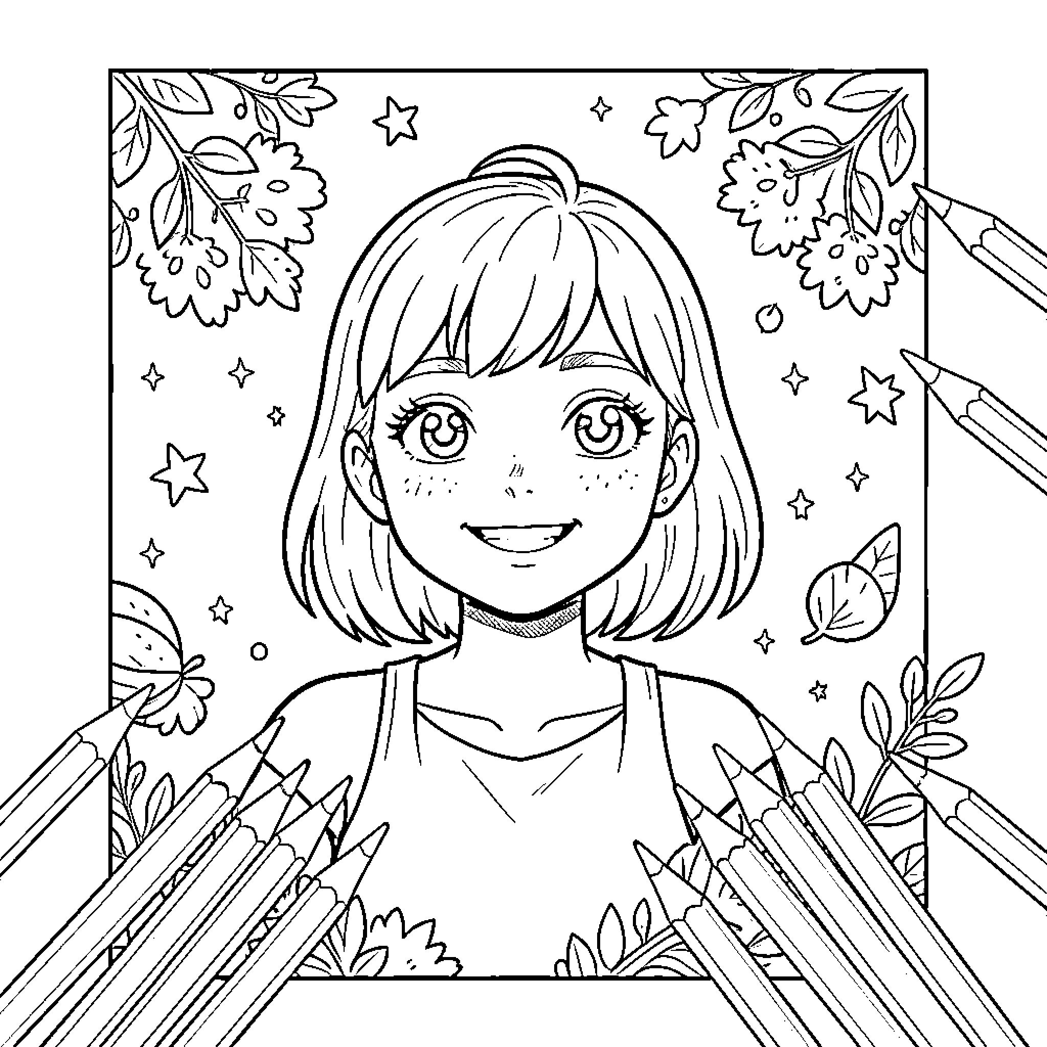 Drawing of a happy girl surrounded by nature Coloring Page (free black-and-white line drawing printable PDF for all, from beginners to advanced learners, including children, teens, adults, and seniors)