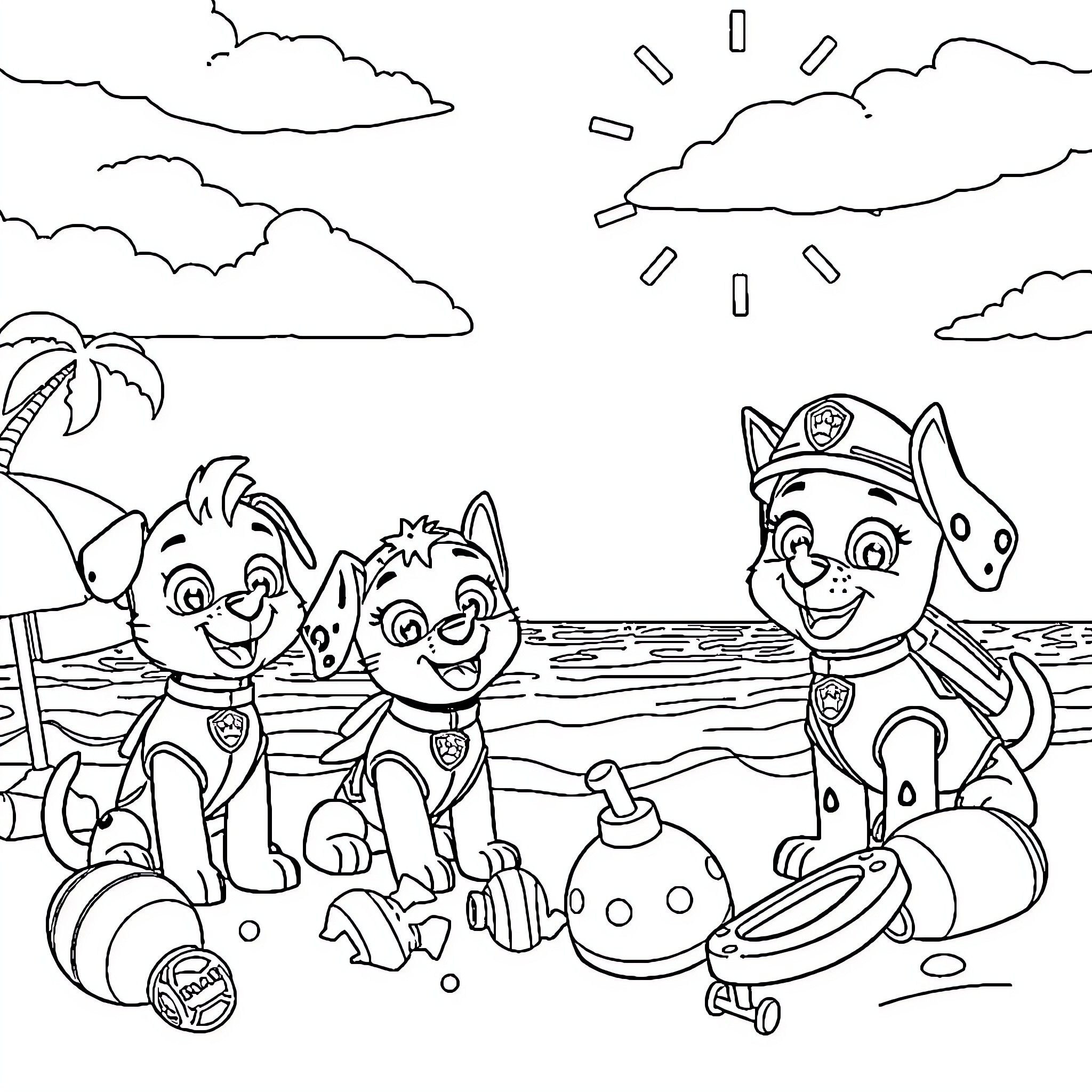 Paw Patrol Puppies' Beach Adventure Coloring Page (free black-and-white line drawing printable PDF for all, from beginners to advanced learners, including children, teens, adults, and seniors)