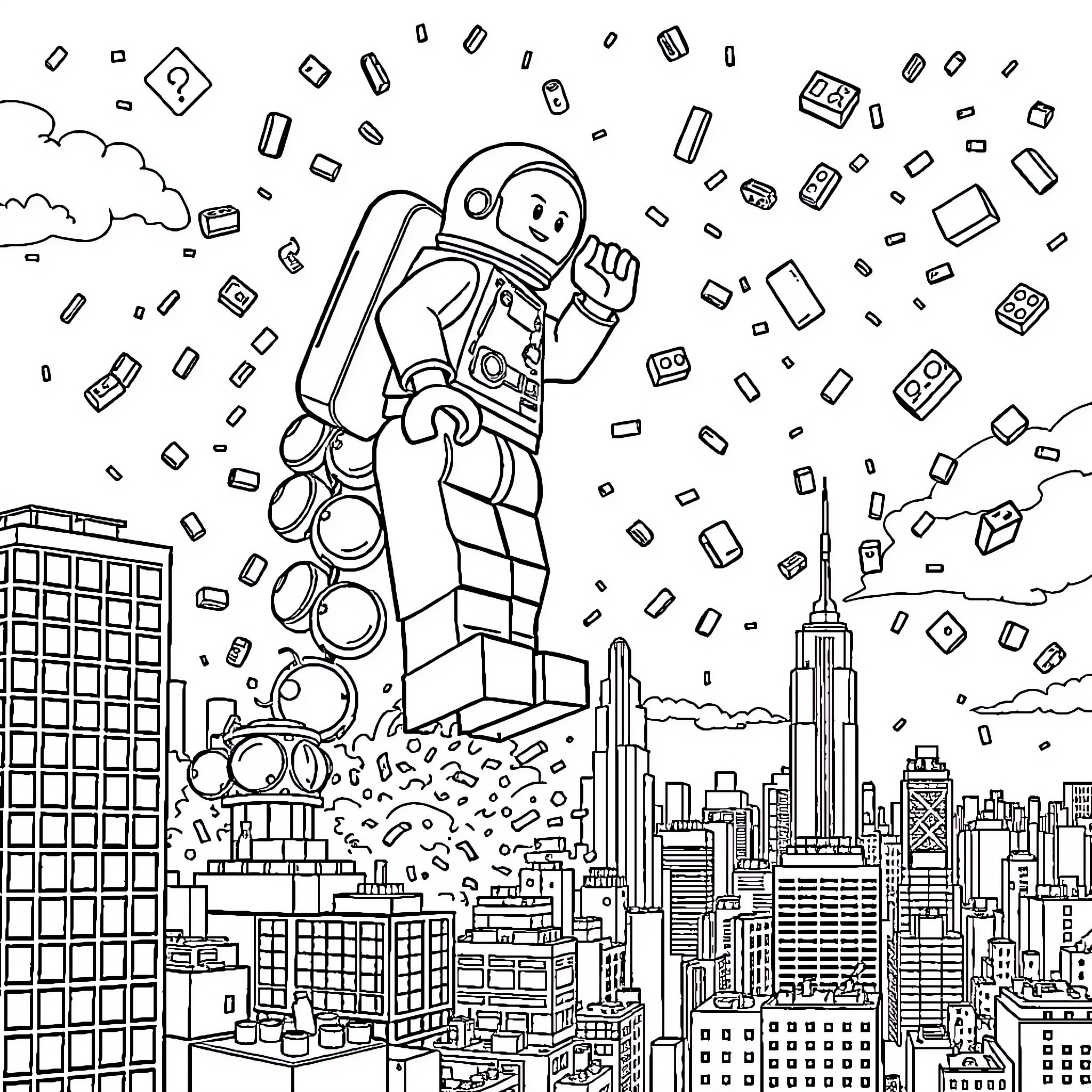 Astronaut exploring a futuristic city landscape Coloring Page (free black-and-white line drawing printable PDF for all, from beginners to advanced learners, including children, teens, adults, and seniors)
