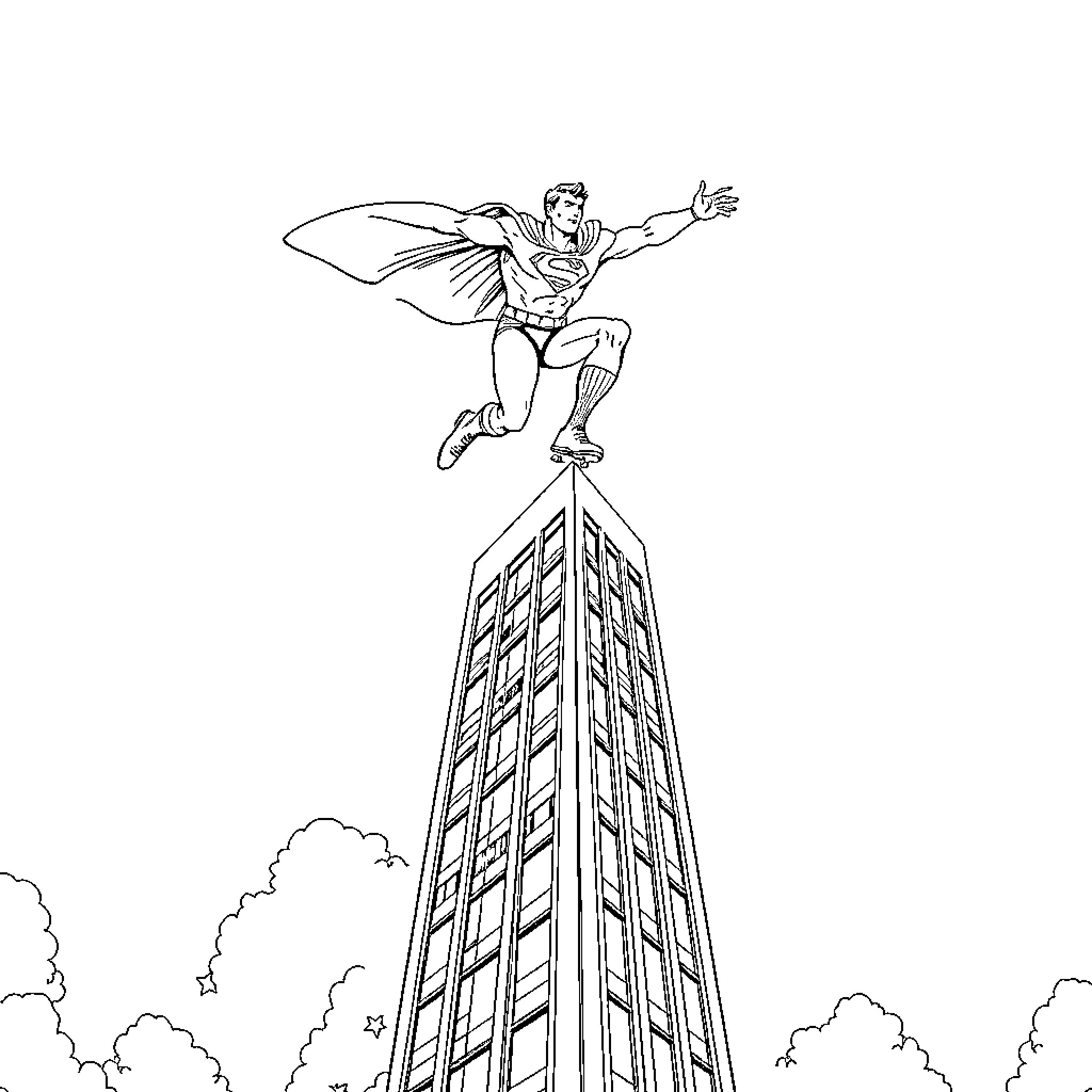 Superman soaring over tall buildings in the city Coloring Page (free black-and-white line drawing printable PDF for all, from beginners to advanced learners, including children, teens, adults, and seniors)
