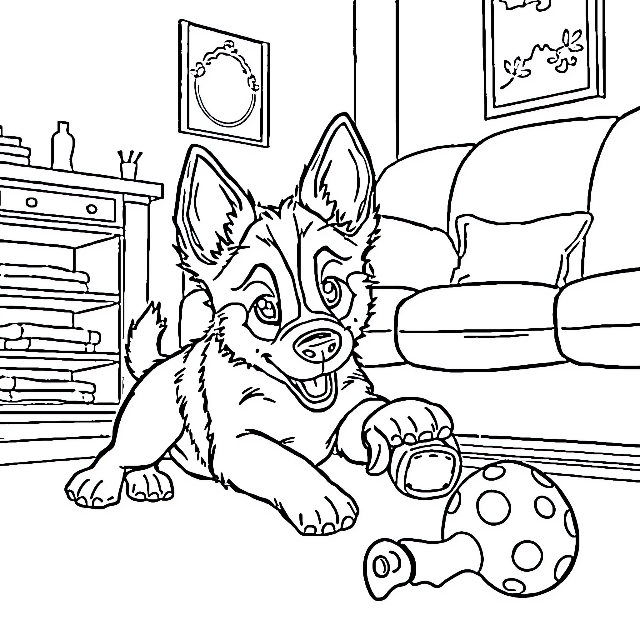 Bluey playing joyfully with toy in the living room Coloring Page (free black-and-white line drawing printable PDF for all, from beginners to advanced learners, including children, teens, adults, and seniors)