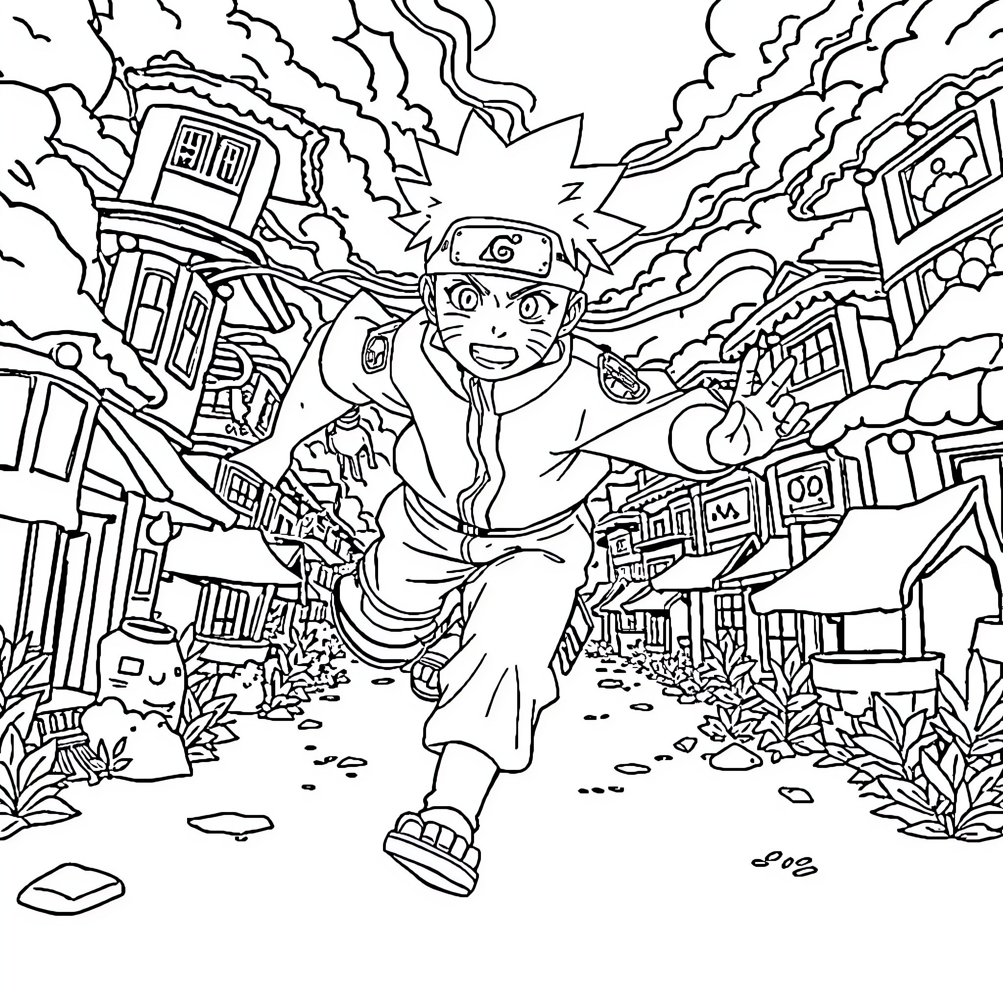 Naruto Rushes Through the Village with Determination Coloring Page (free black-and-white line drawing printable PDF for all, from beginners to advanced learners, including children, teens, adults, and seniors)