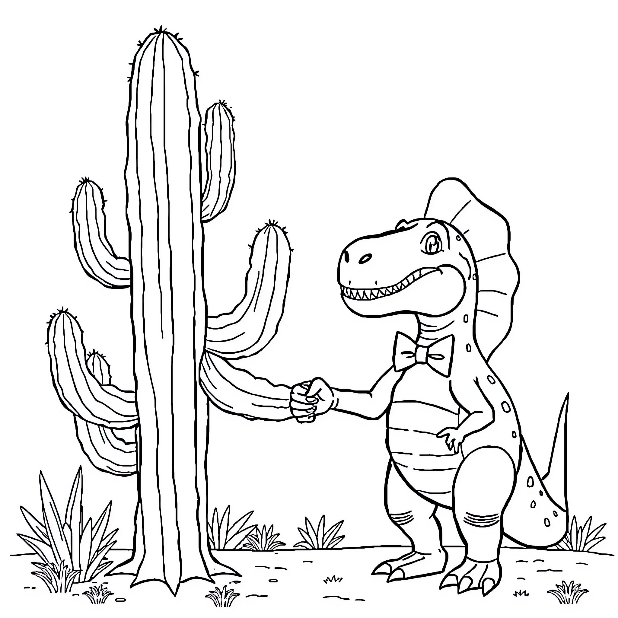 Cactus and Dinosaur Friends in the Desert Coloring Page (free black-and-white line drawing printable PDF for all, from beginners to advanced learners, including children, teens, adults, and seniors)