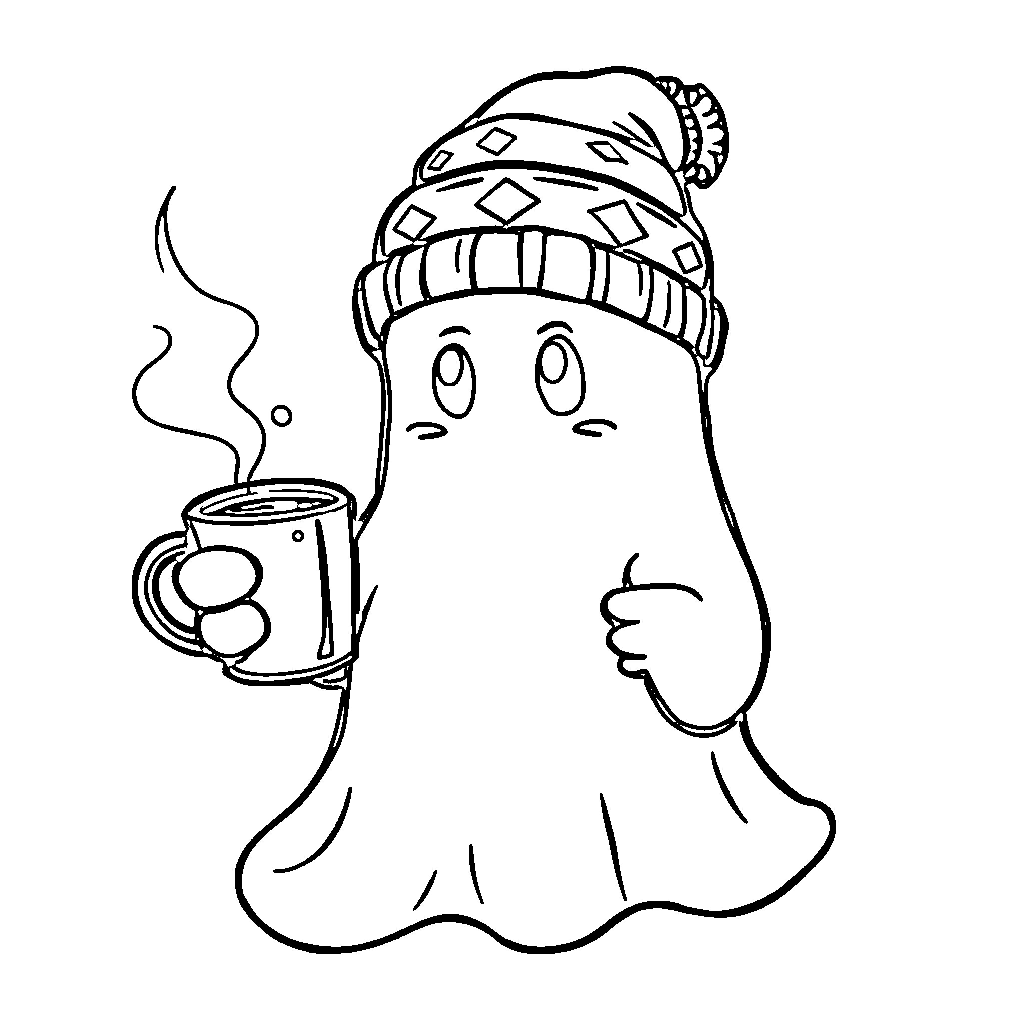 Ghost enjoying a warm beverage on a chilly day Coloring Page (free black-and-white line drawing printable PDF for all, from beginners to advanced learners, including children, teens, adults, and seniors)