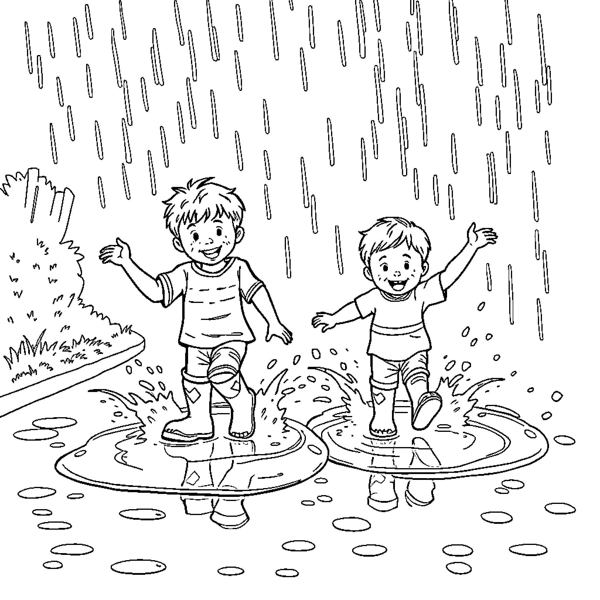 Boys playing joyfully in the rain Coloring Page (free black-and-white line drawing printable PDF for all, from beginners to advanced learners, including children, teens, adults, and seniors)