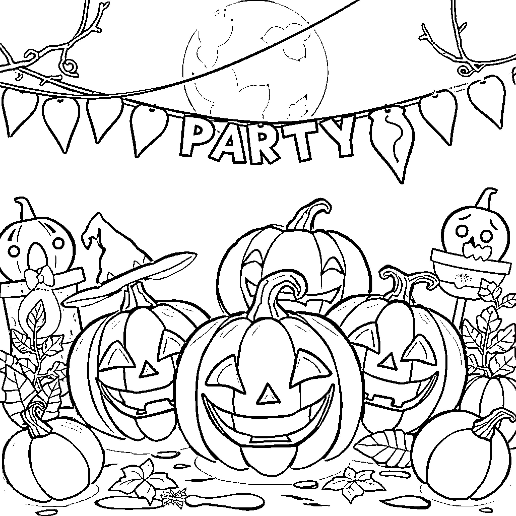 Pumpkin Party with Jack-o'-Lanterns and Spooky Decorations Coloring Page (free black-and-white line drawing printable PDF for all, from beginners to advanced learners, including children, teens, adults, and seniors)