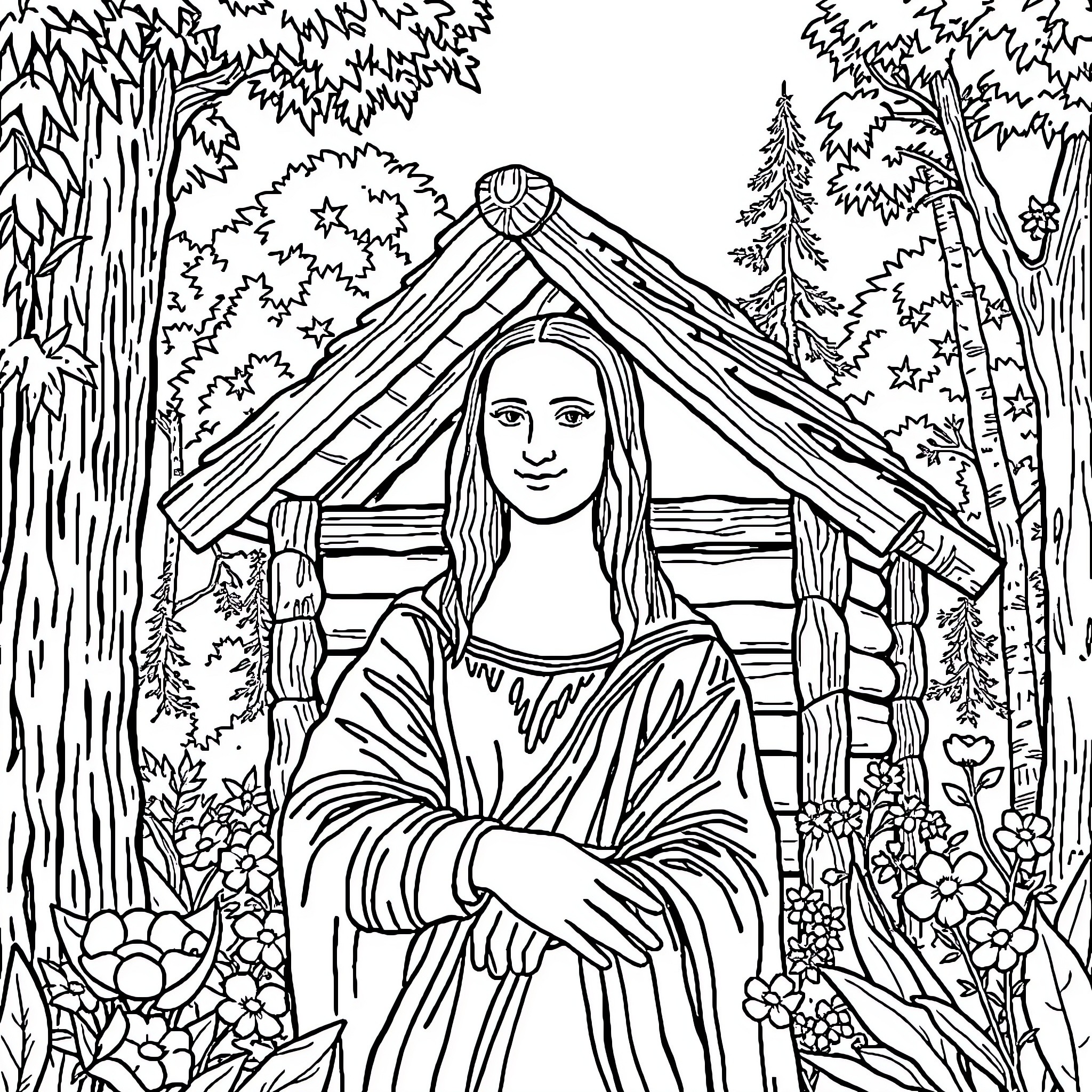 Mona Lisa in a Whimsical Woodland Setting Coloring Page (free black-and-white line drawing printable PDF for all, from beginners to advanced learners, including children, teens, adults, and seniors)