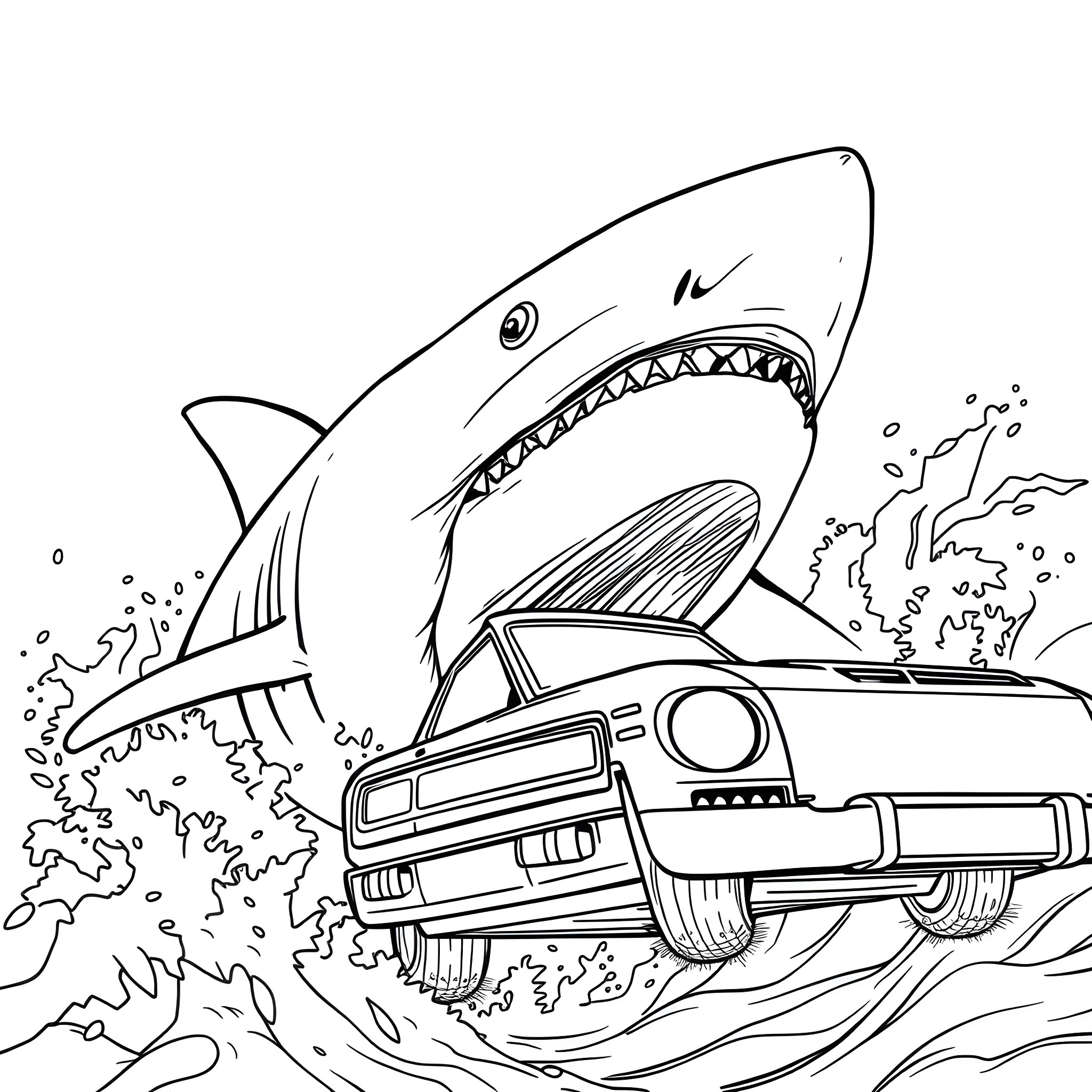 Shark chasing an old car in the ocean Coloring Page (free black-and-white line drawing printable PDF for all, from beginners to advanced learners, including children, teens, adults, and seniors)